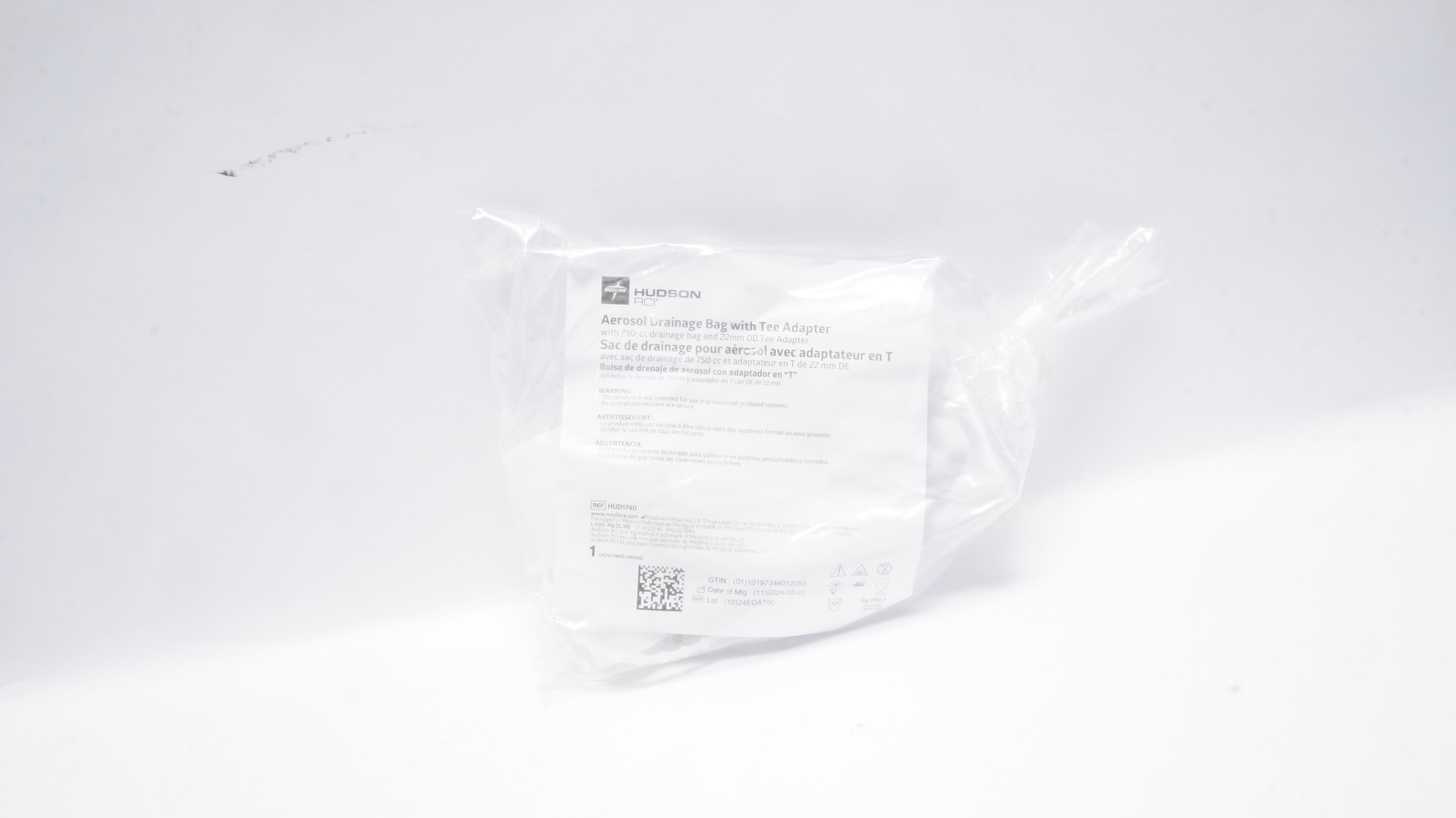 Medline HUD1740 Hudson RCI Aerosol Drainage Bag 750cc W/22mm OD Tee Adapter