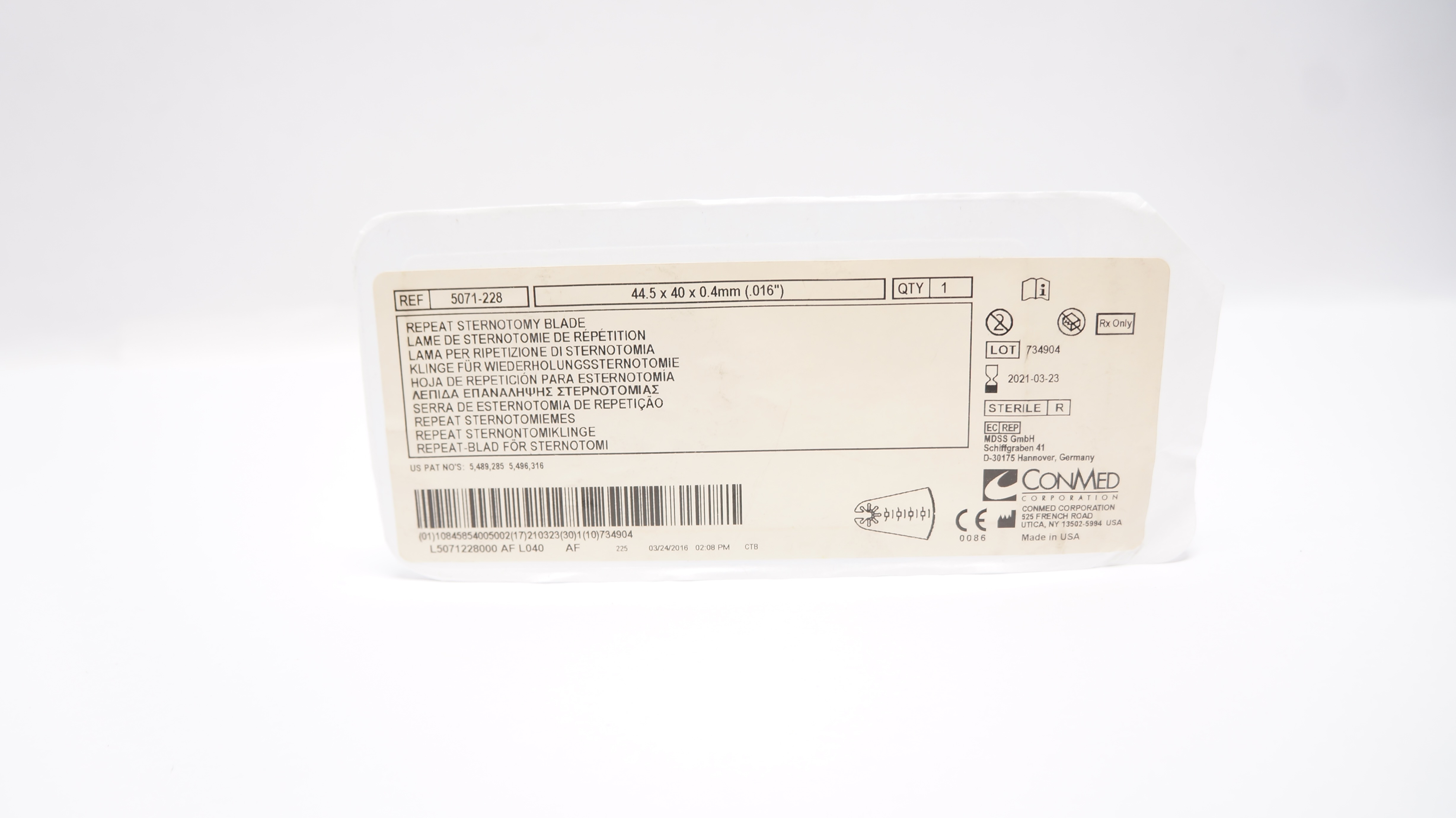 ConMed 5071-228 Repeat Sternotomy Blade 44.5 x 40mm x .016inch (x)