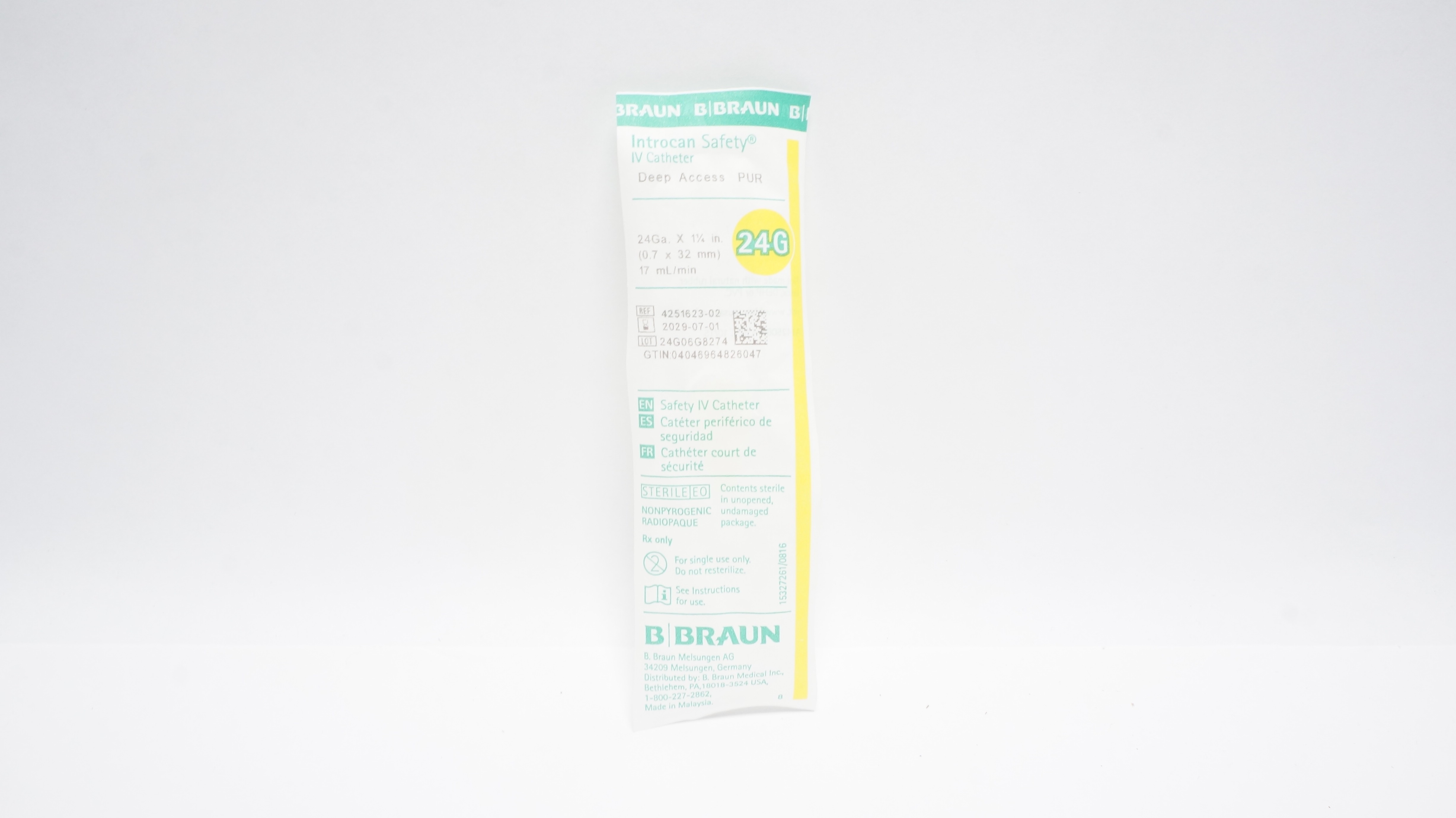 Braun 4251623-02 Introcan Safety Deep Access IV Cath. 24Ga x 1 1/4In