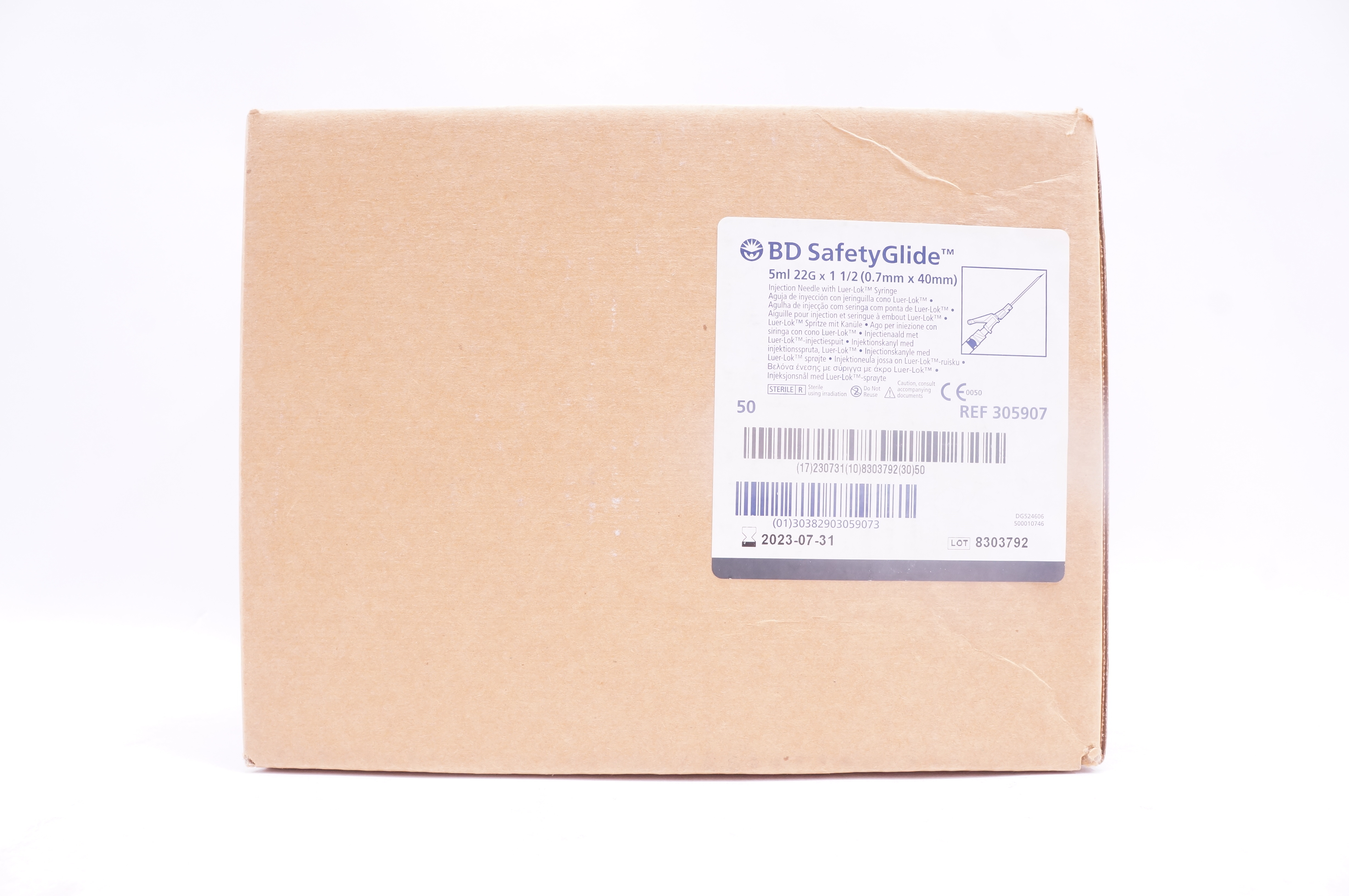 BD 305907 SafetyGlide Injection Needle with Luer-Lok 5ml 22G x 1 1/2 - Box of 50