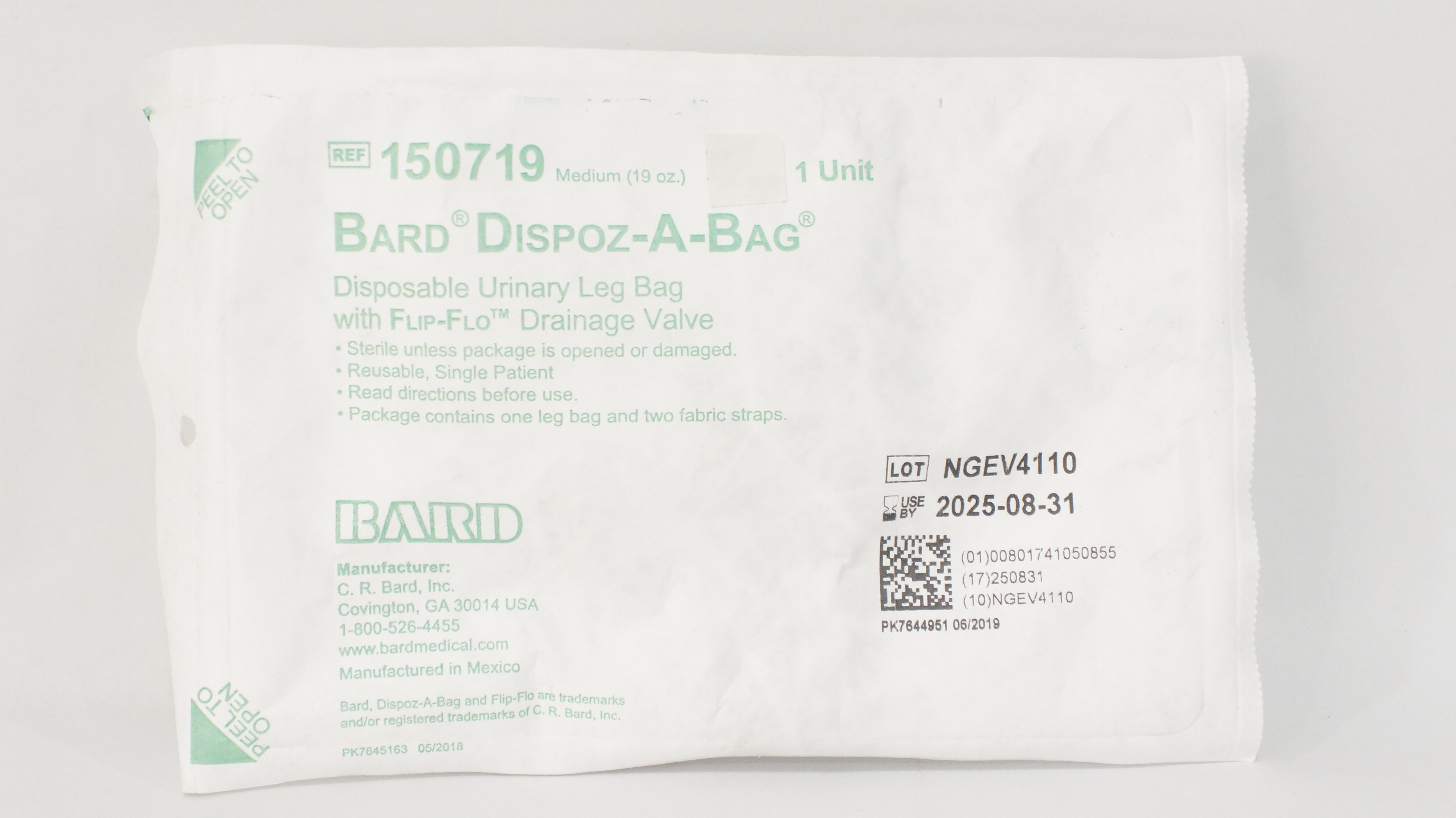 Bard 150719 Dispoz-A-Bag Disposable Urinary Leg Bag Medium 19oz.