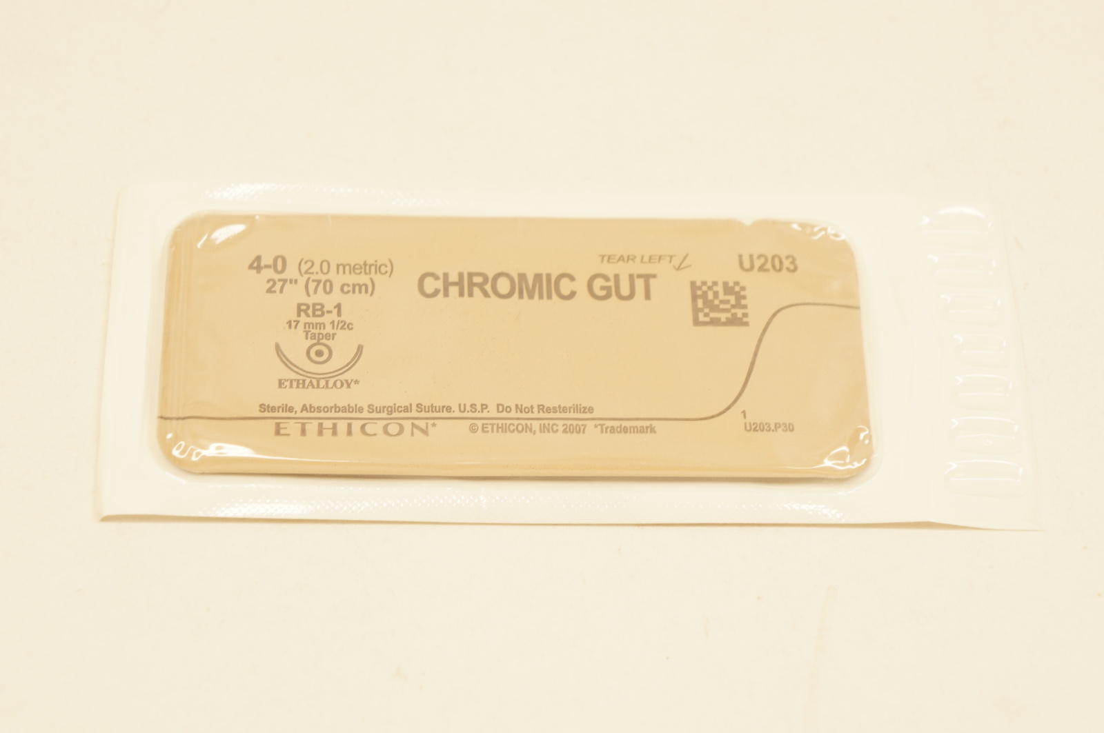 Ethicon U203 4-0 CHROMIC GUT, RB-1, 17mm 1/2c Taper, 27inch