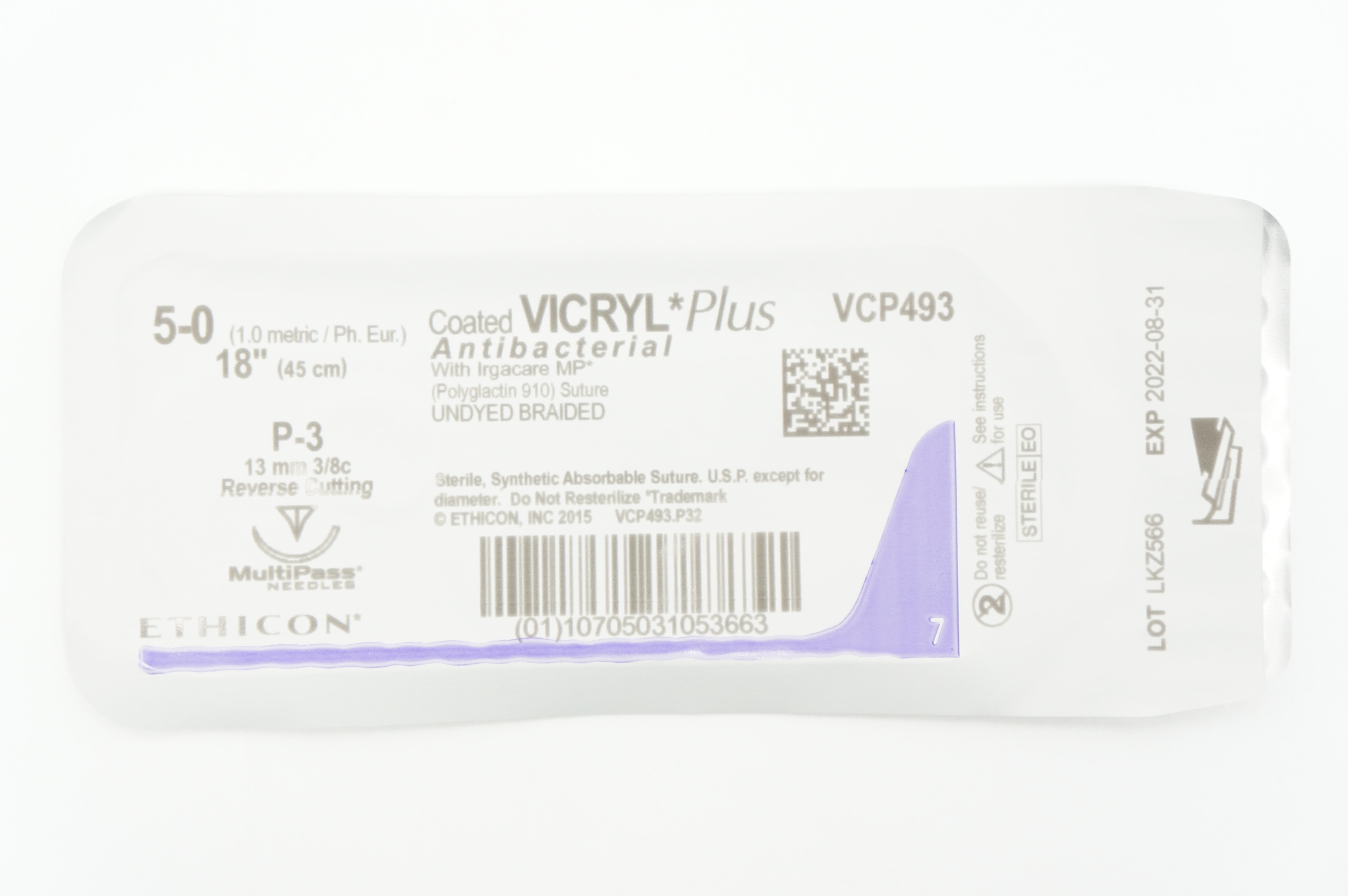 Ethicon VCP493 5-0 VICRYL Plus P-3 13mm 3/8c Reverse Cutting 18inch