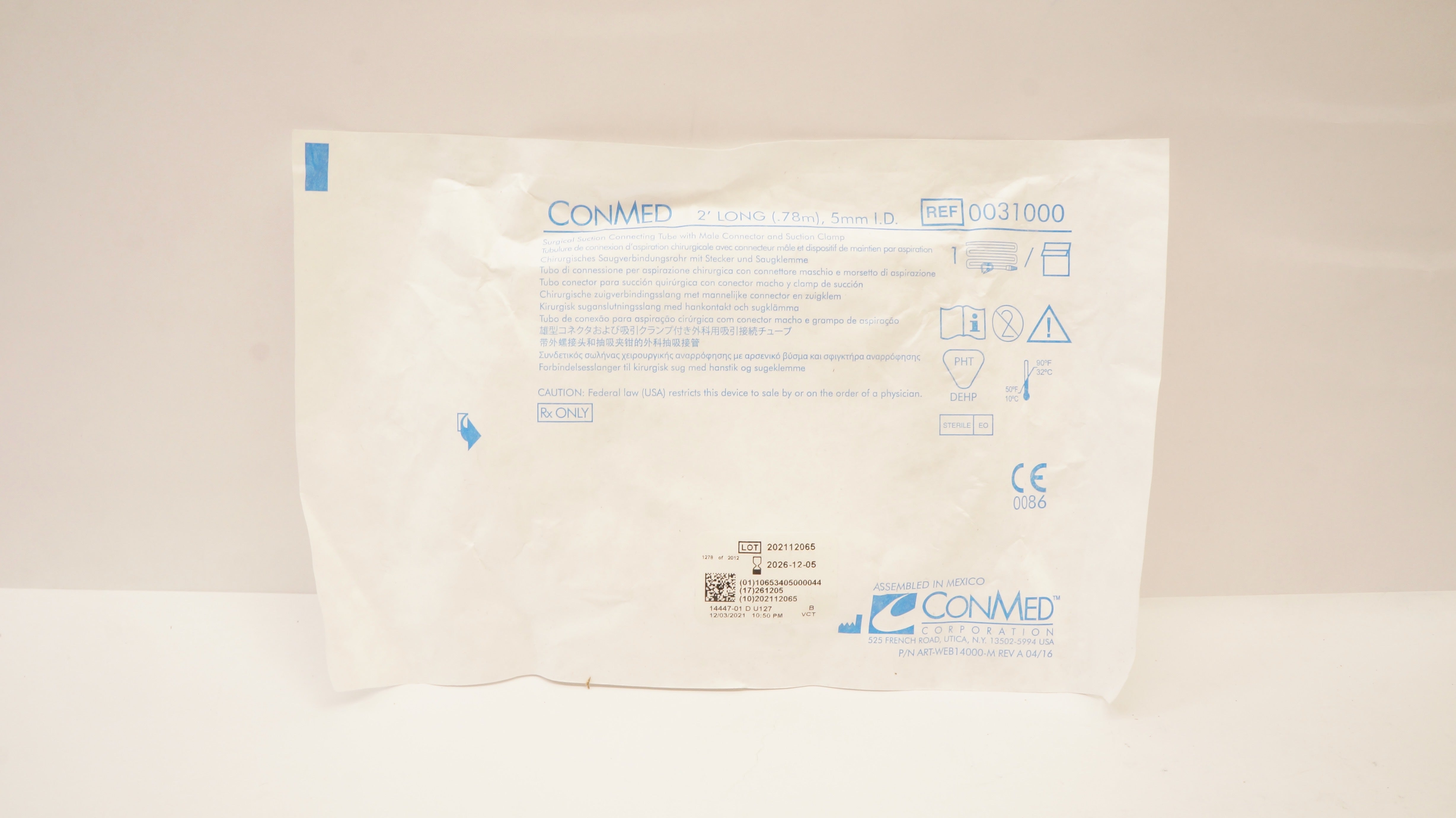 ConMed 0031000 Surgical Suction Connecting Tube w/Connector & Clamp 2 Ft. x 5mm