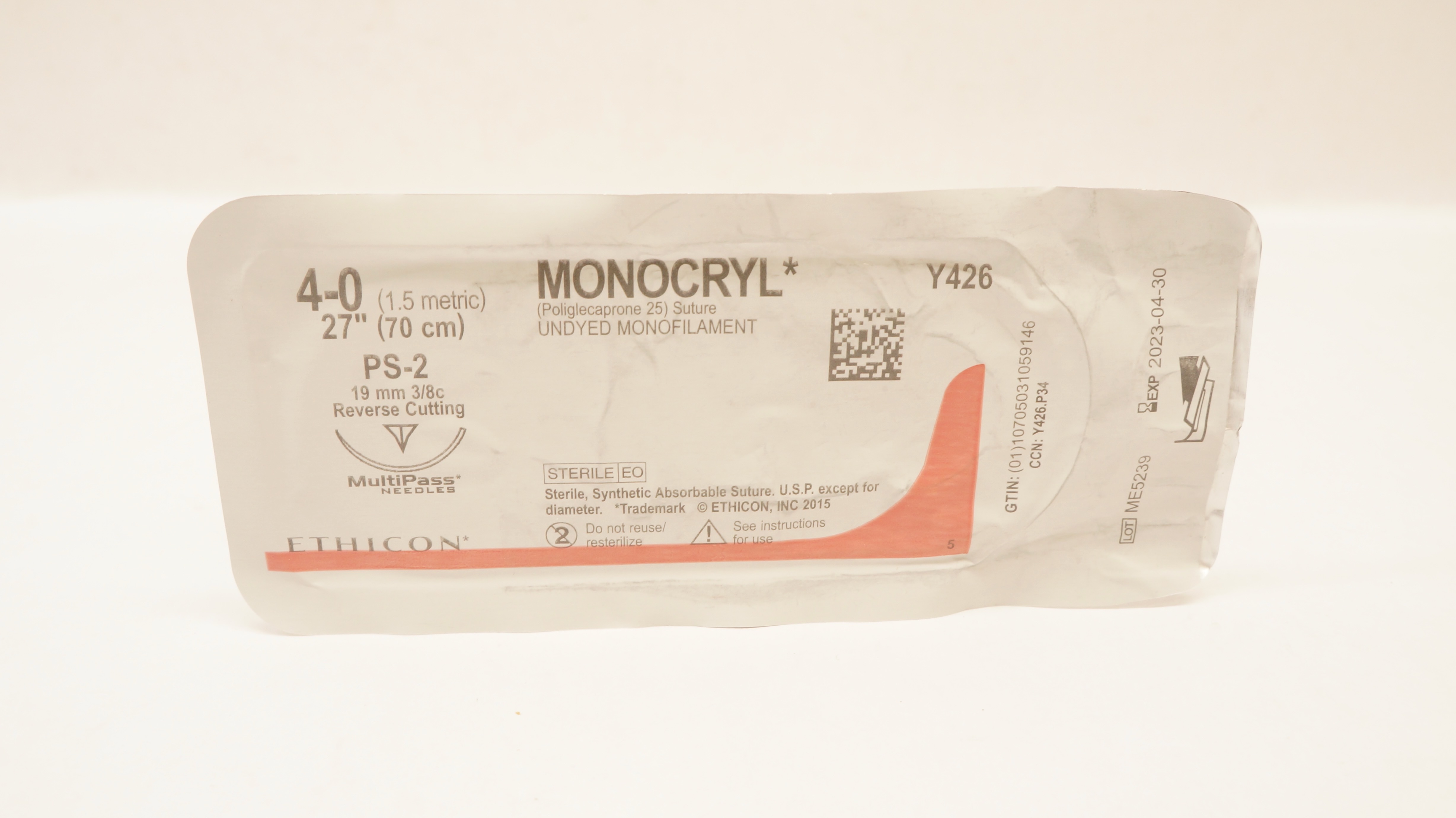 Ethicon Y426 4-0 MONOCRYL, PS-2, 19mm 3/8c Reverse Cutting, 27inch