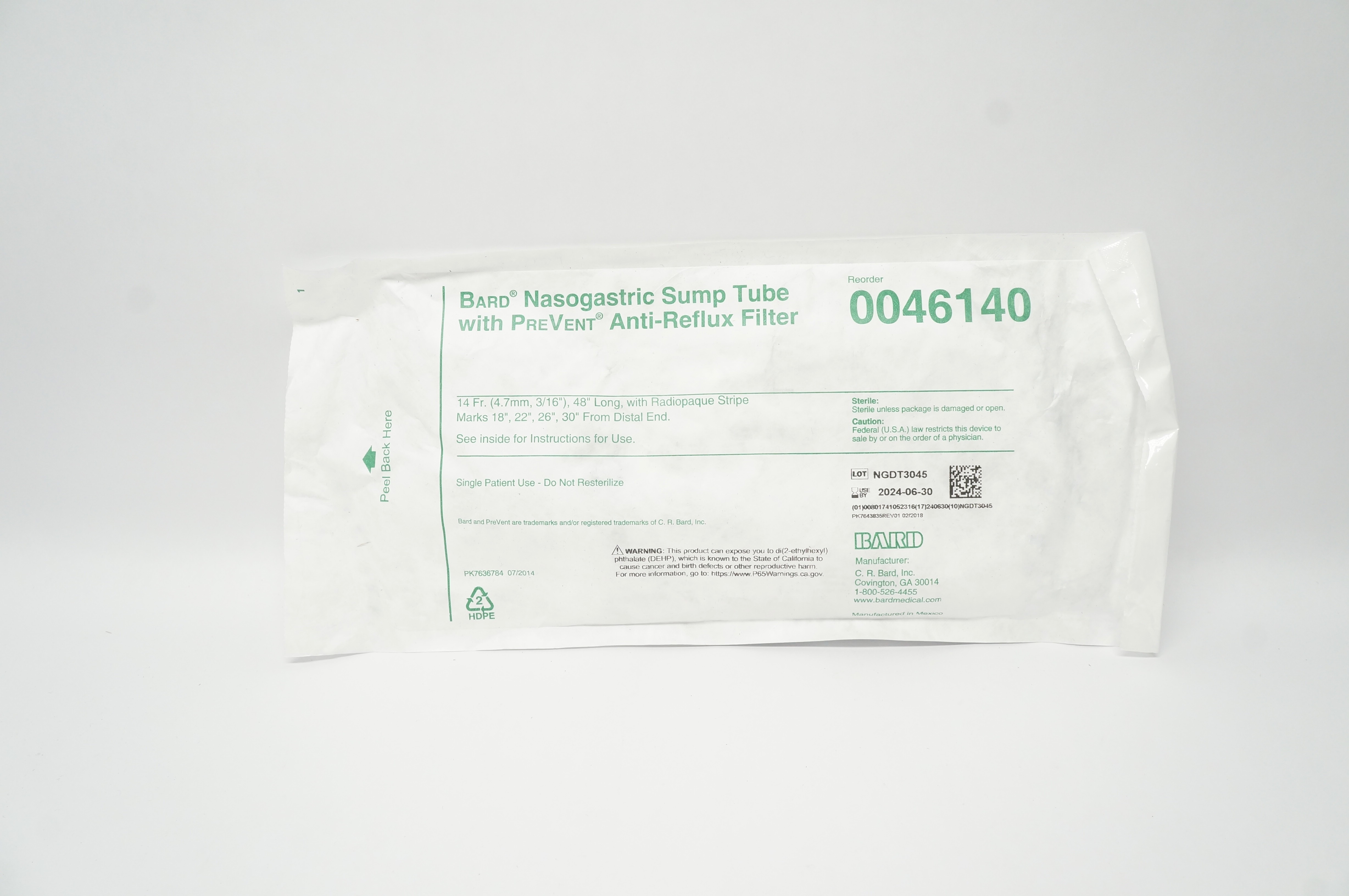Bard 0046140 Nasogastric Sump Tube with PreVent Anti-Reflux Filter 14Fr x 48inch