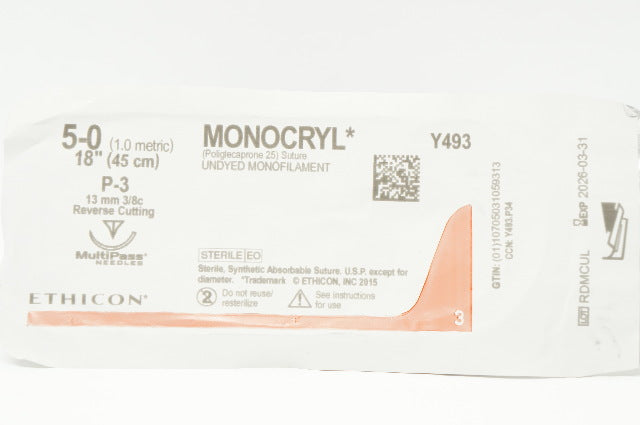 Ethicon Y493 5-0 MONOCRYLPoliglecaprone Stre P-3 13mm 3/8c Reverse Cutting18inch