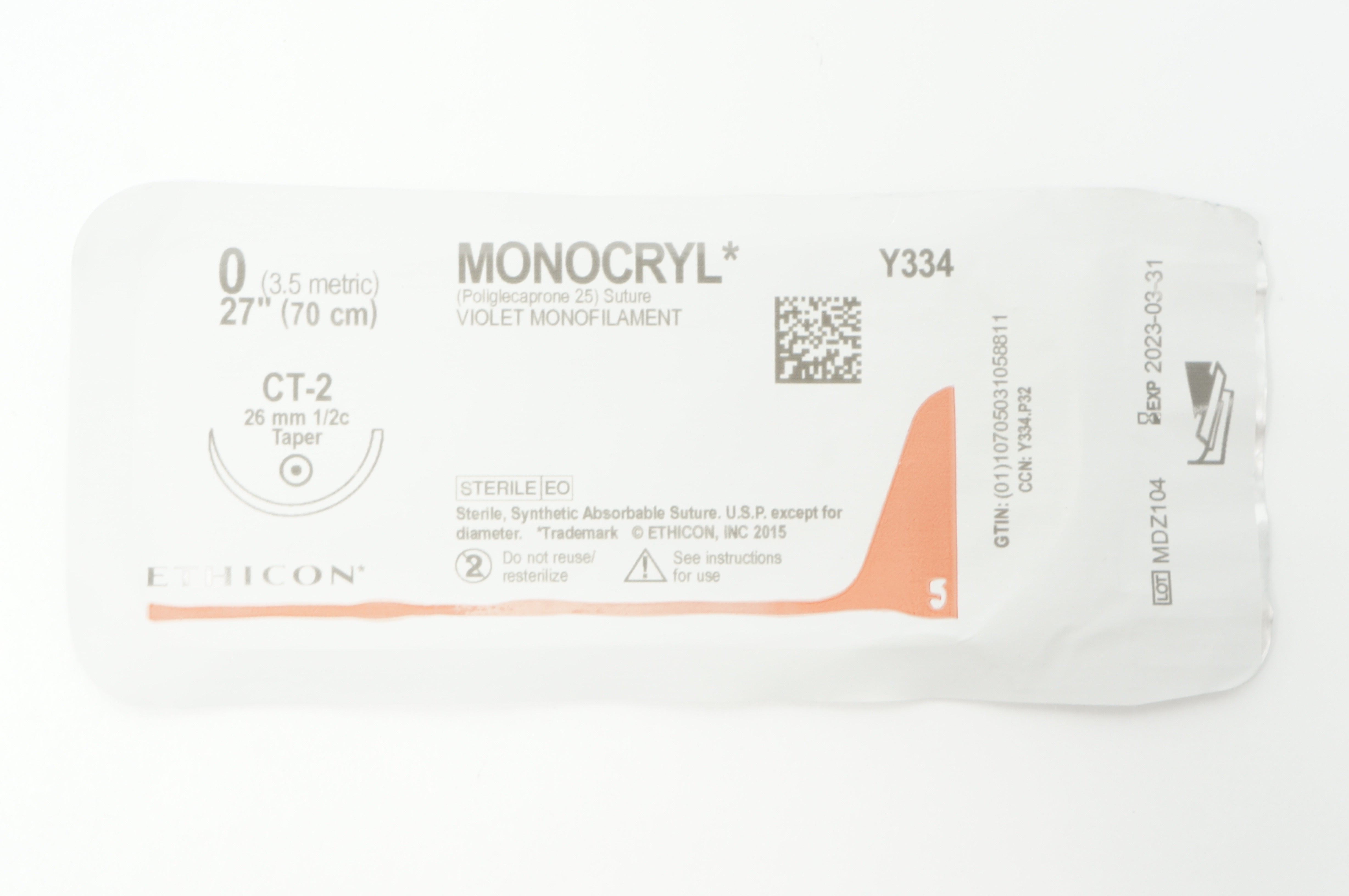 Ethicon Y334 0 MONOCRYL, CT-2, 26mm 1/2c Taper, 27inch (x)