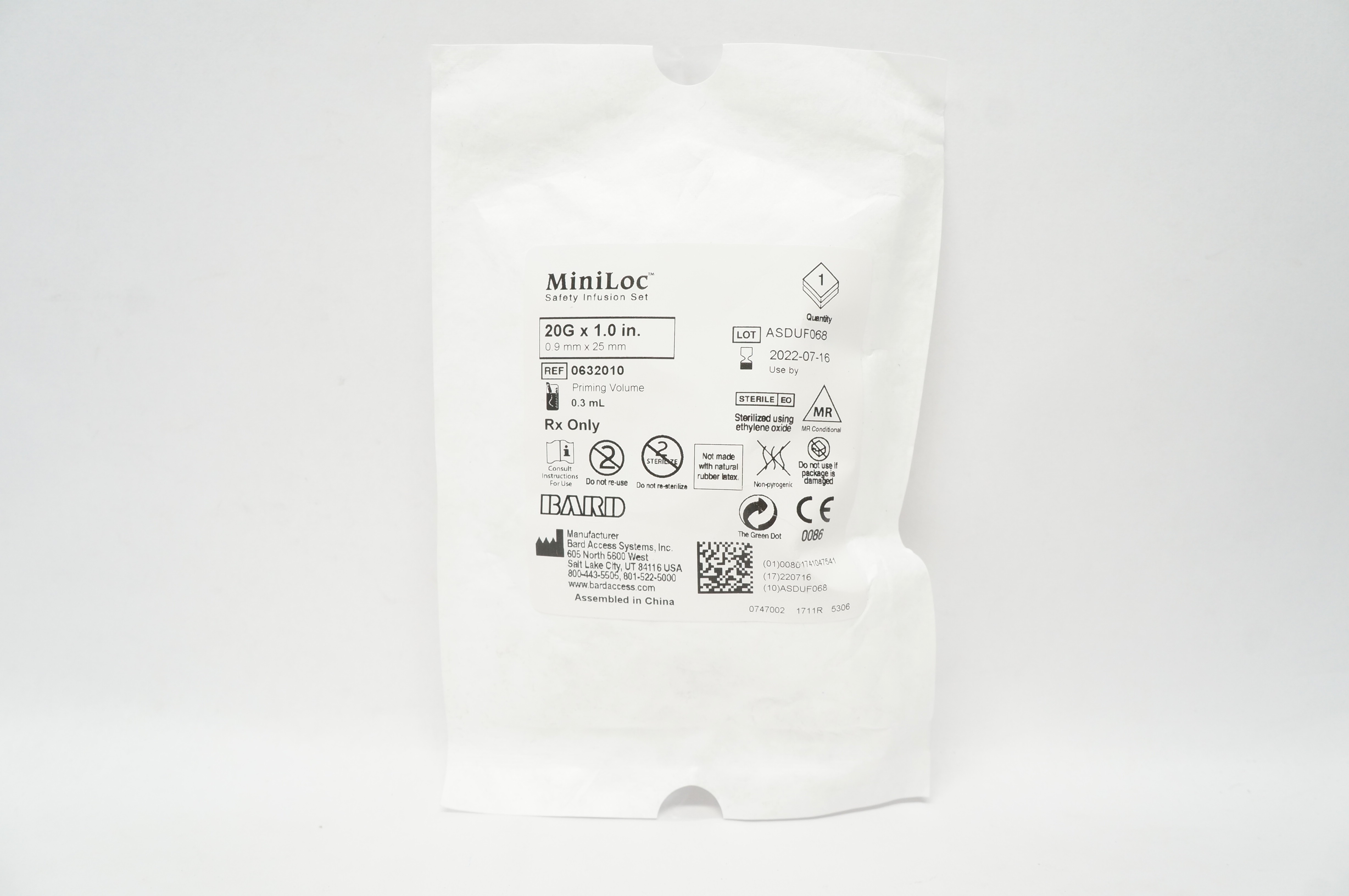 Bard 0632010 MiniLoc Safety Infusion Set 20G x 1.0inch Priming Volume 0.3mL (x)