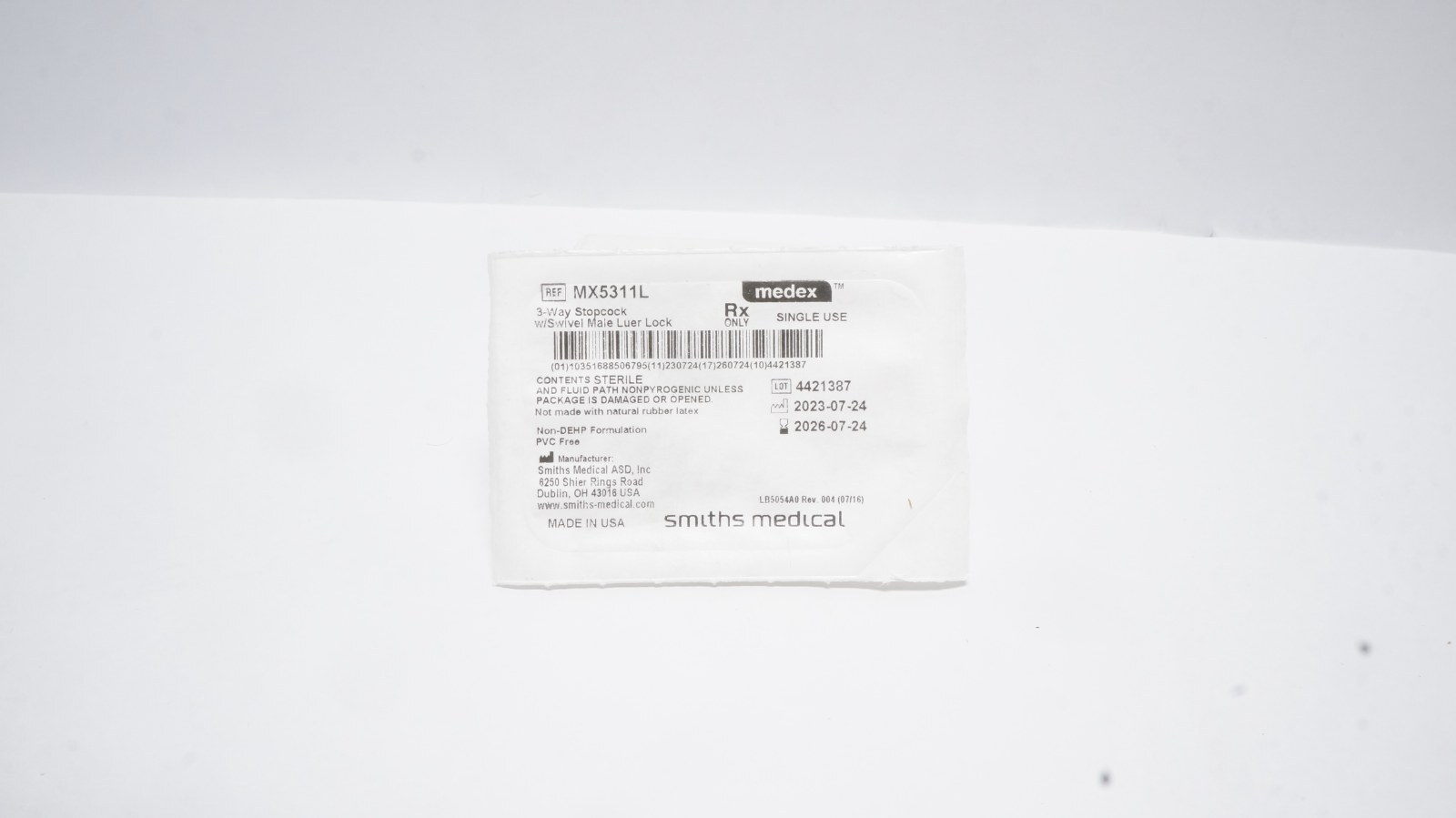 Smiths Medical MX5311L 3-Way Stopcock Swivel Male Luer Lock