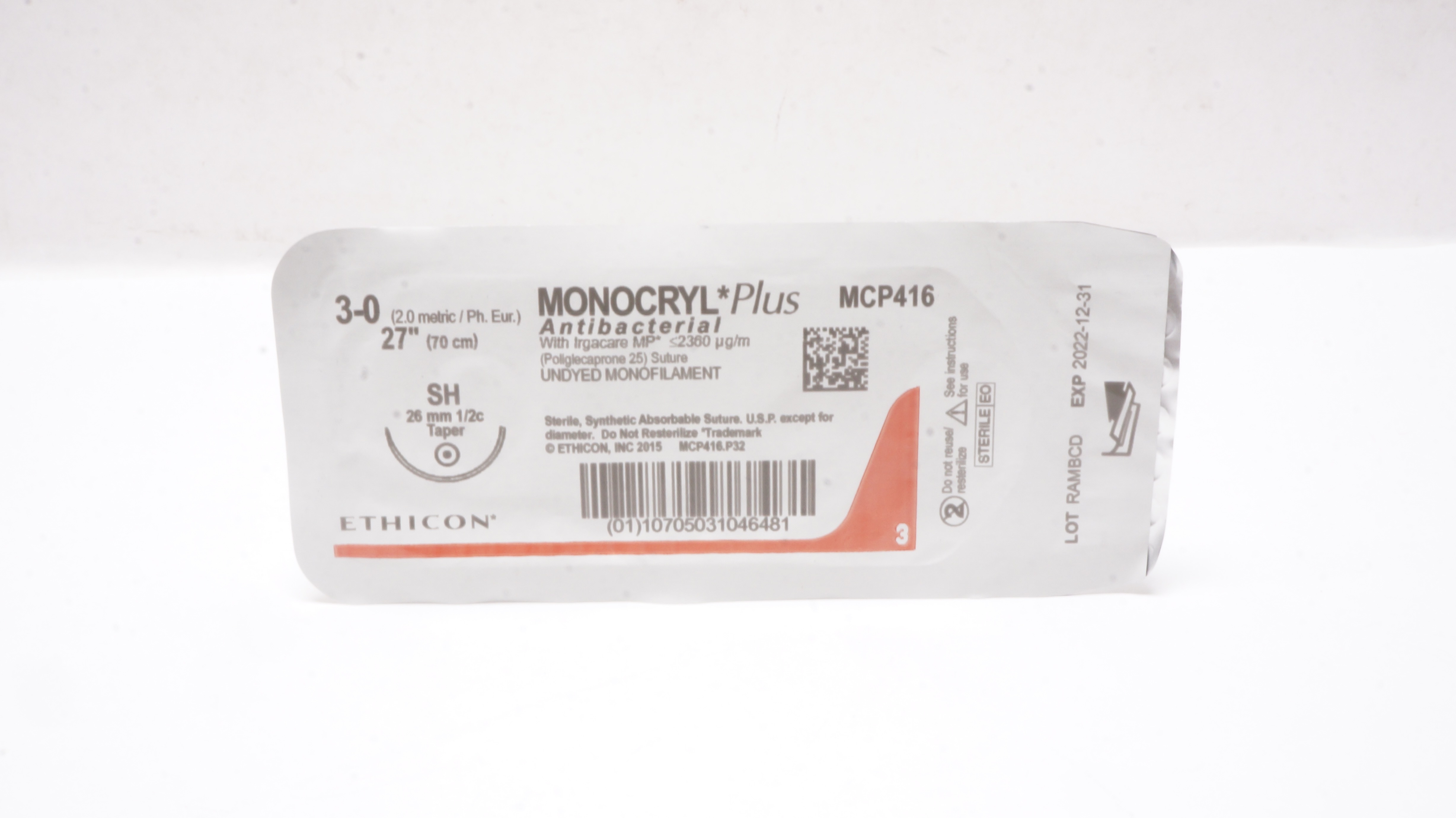 Ethicon MCP416 3-0 MONOCRYL Plus SH 26mm 1/2c Taper 27inch (x)