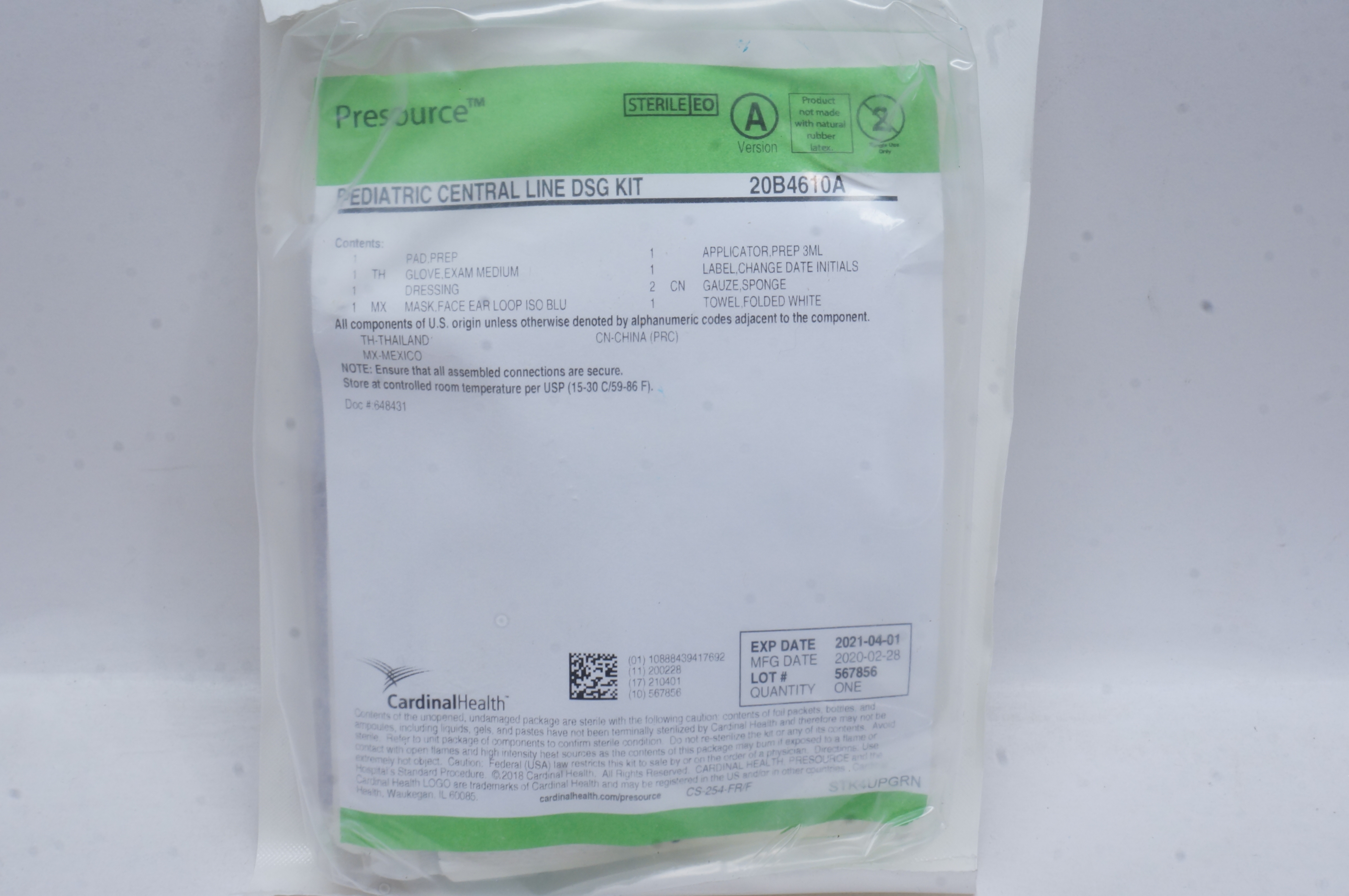 Cardinal Health 20B4610A Presource Pediatric Central Line DSG Kit