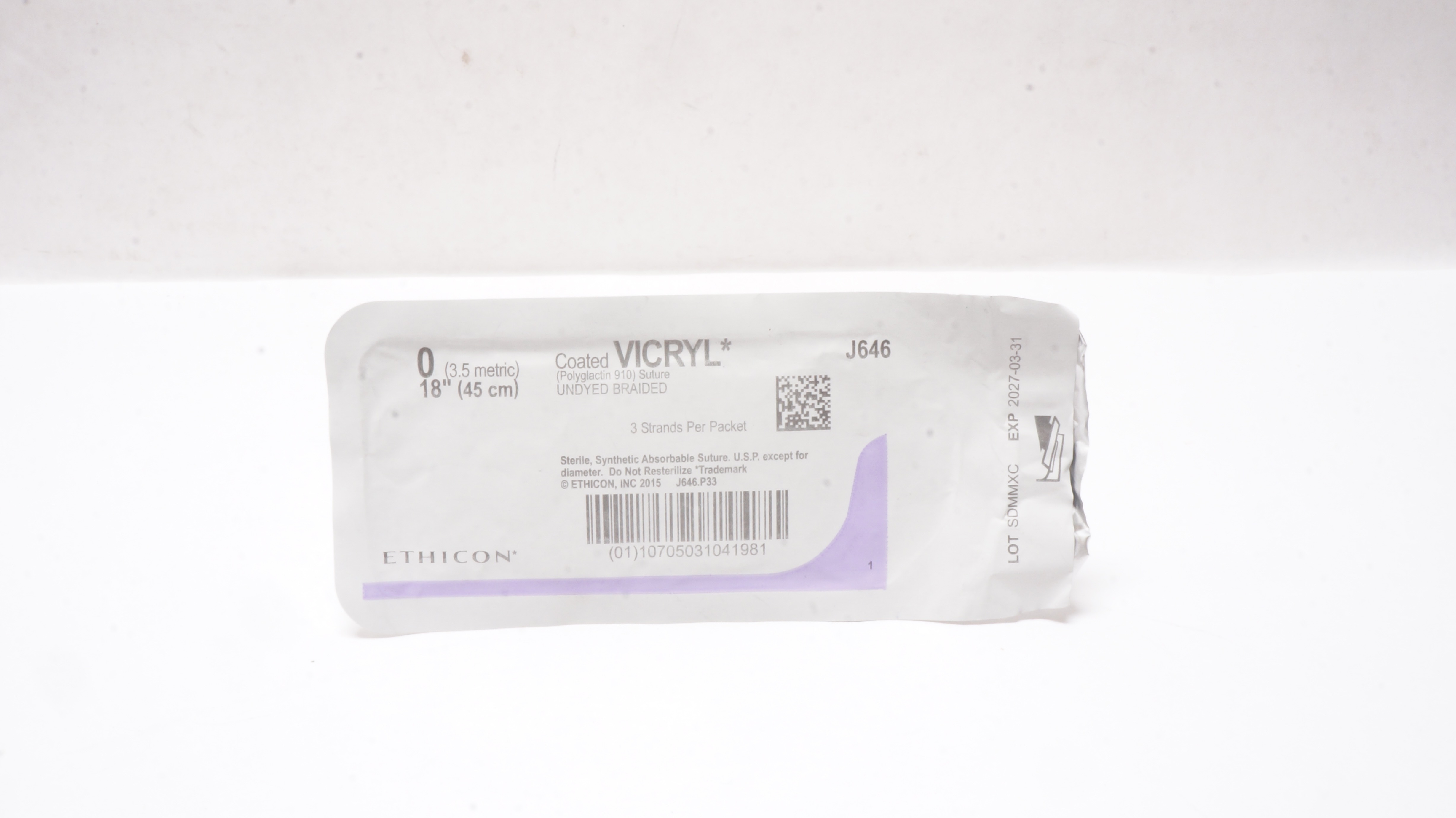 Ethicon J646 0 Coated VICRYL Polyglactin 910 Stre Undyed Braided 18inch