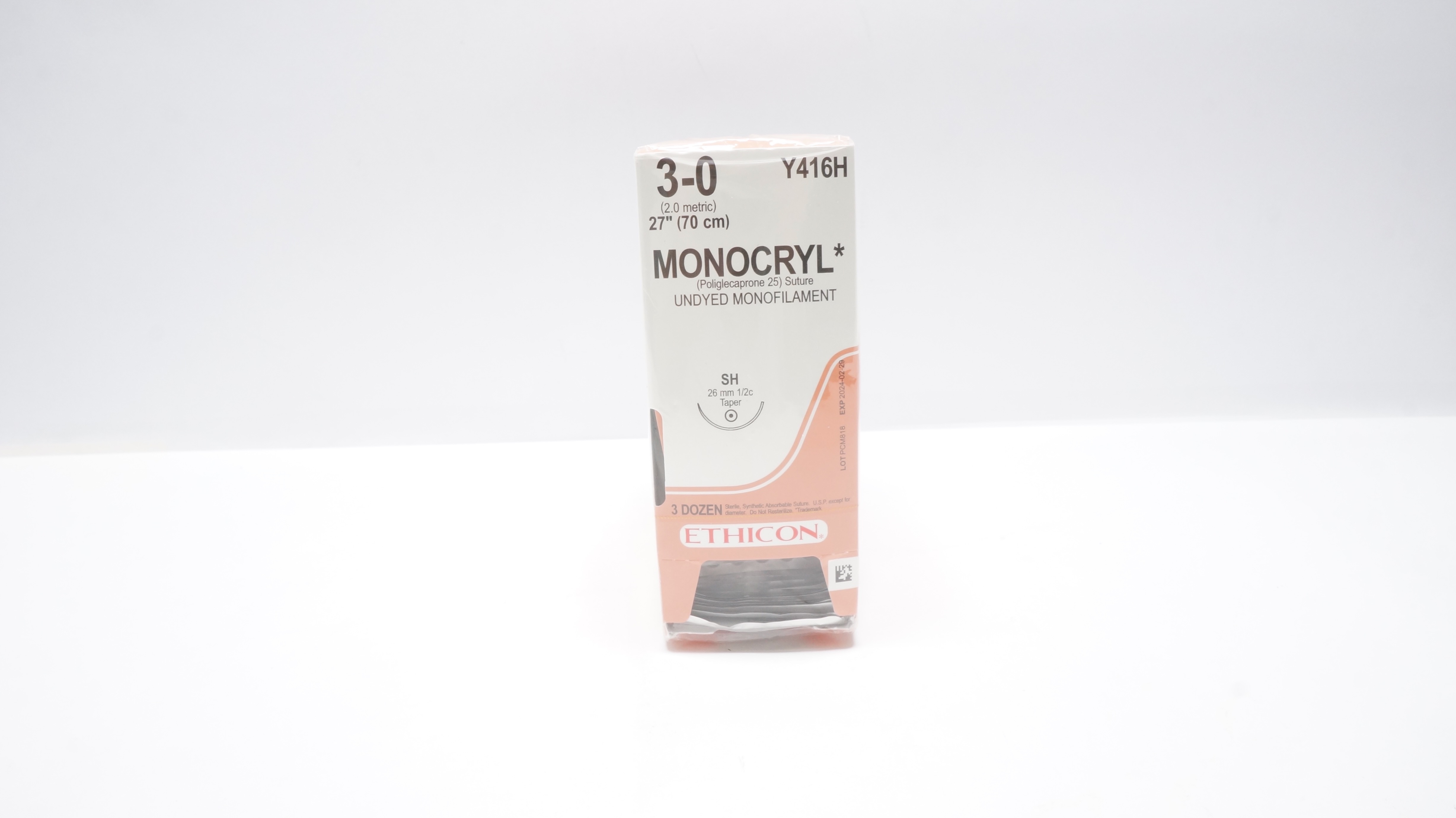Ethicon Y416H 3-0 MONOCRYL Stre SH 26mm 1/2c Taper, 27inch (x) - Box of 36