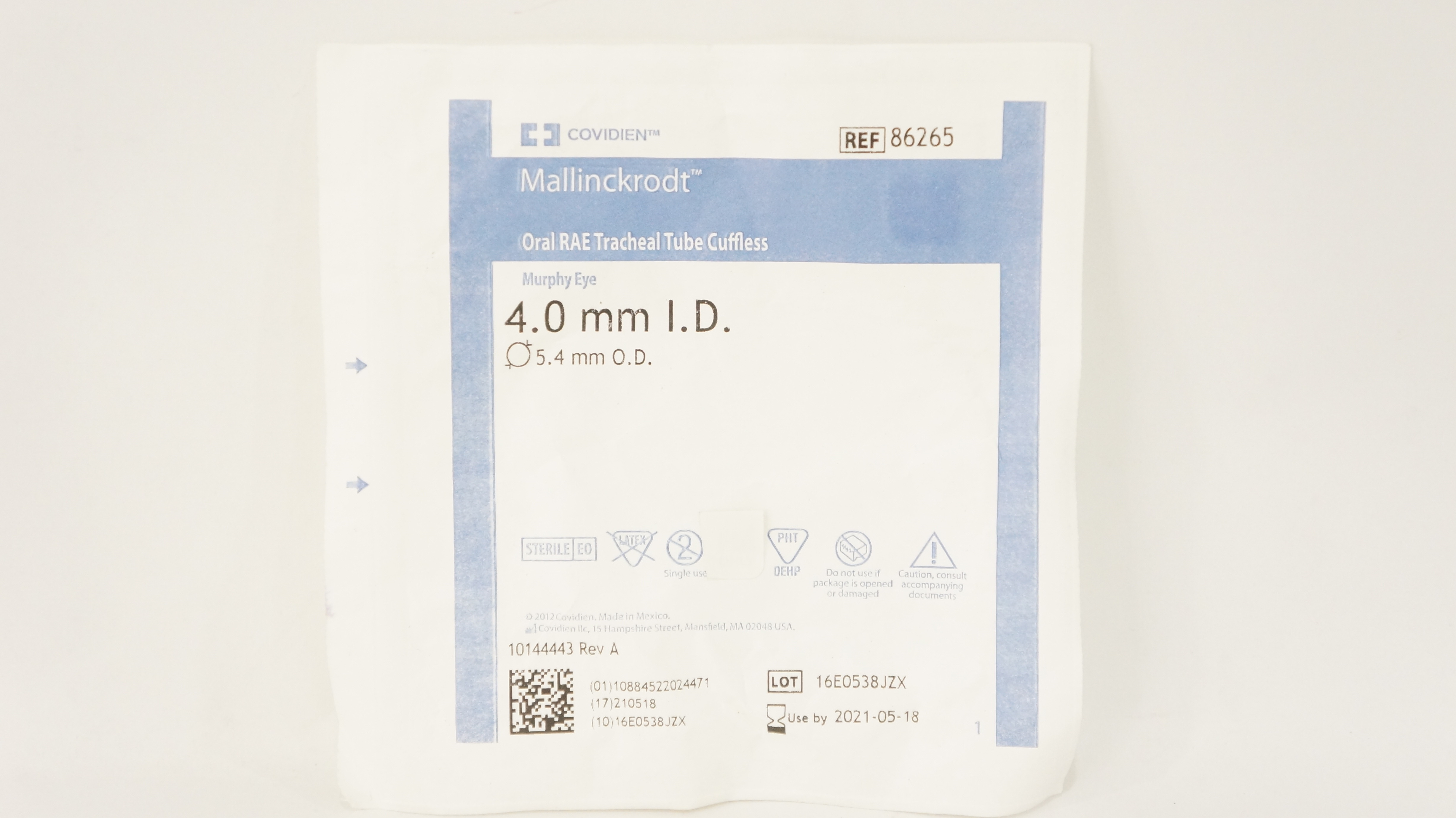 Covidien 86265 Mallinckrodt Oral RAE Tracheal Tube Cuffless 4.0 x 5.4mm (x)