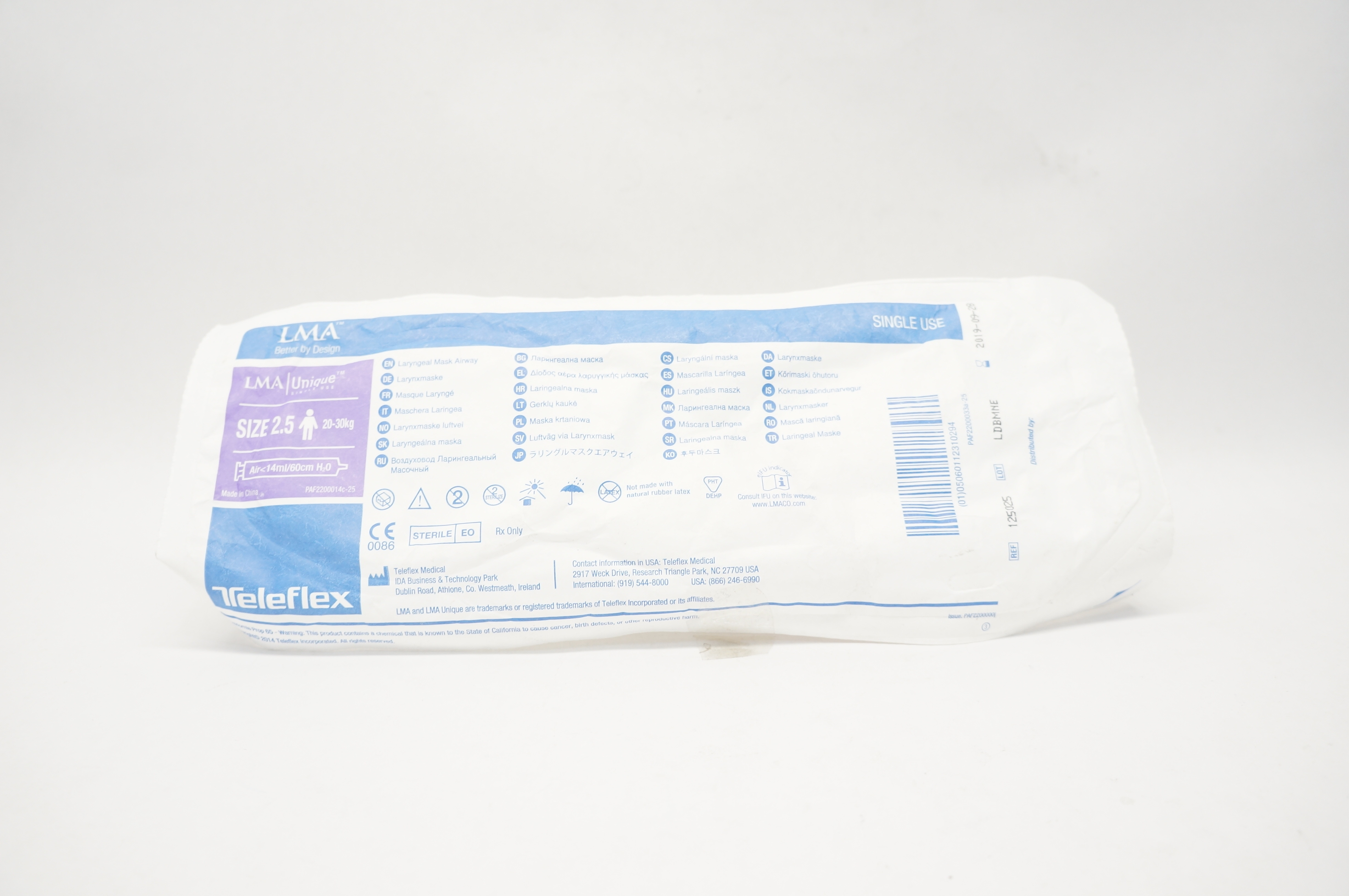 Teleflex 125025 LMA Unique Laryngeal Mask Airway Size 2.5 20-30kg (x)