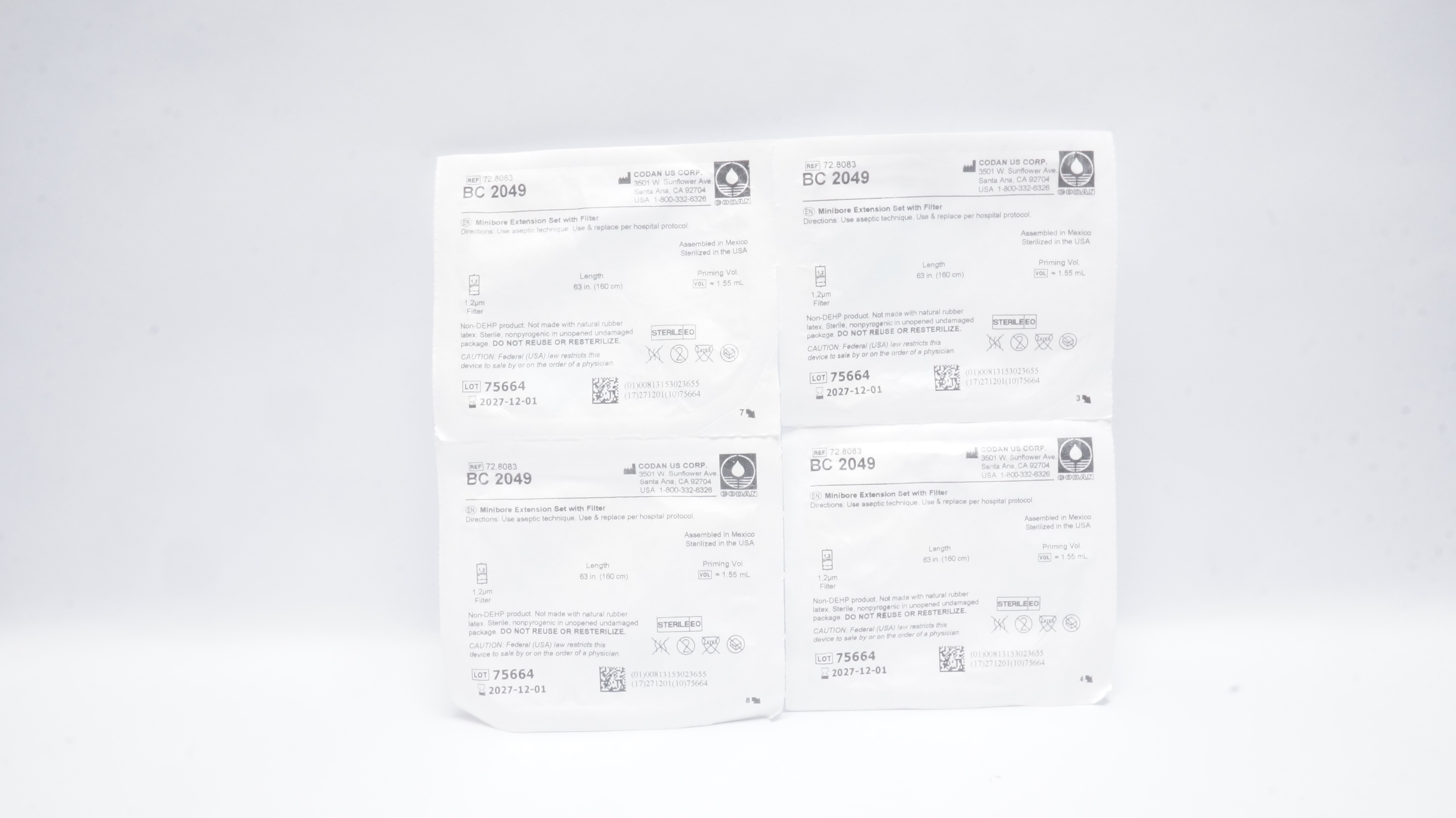 Codan BC2049 Minibore Extension Set w/Filter 1.2µm, 62 inch x 1.55mL - Lot of 4