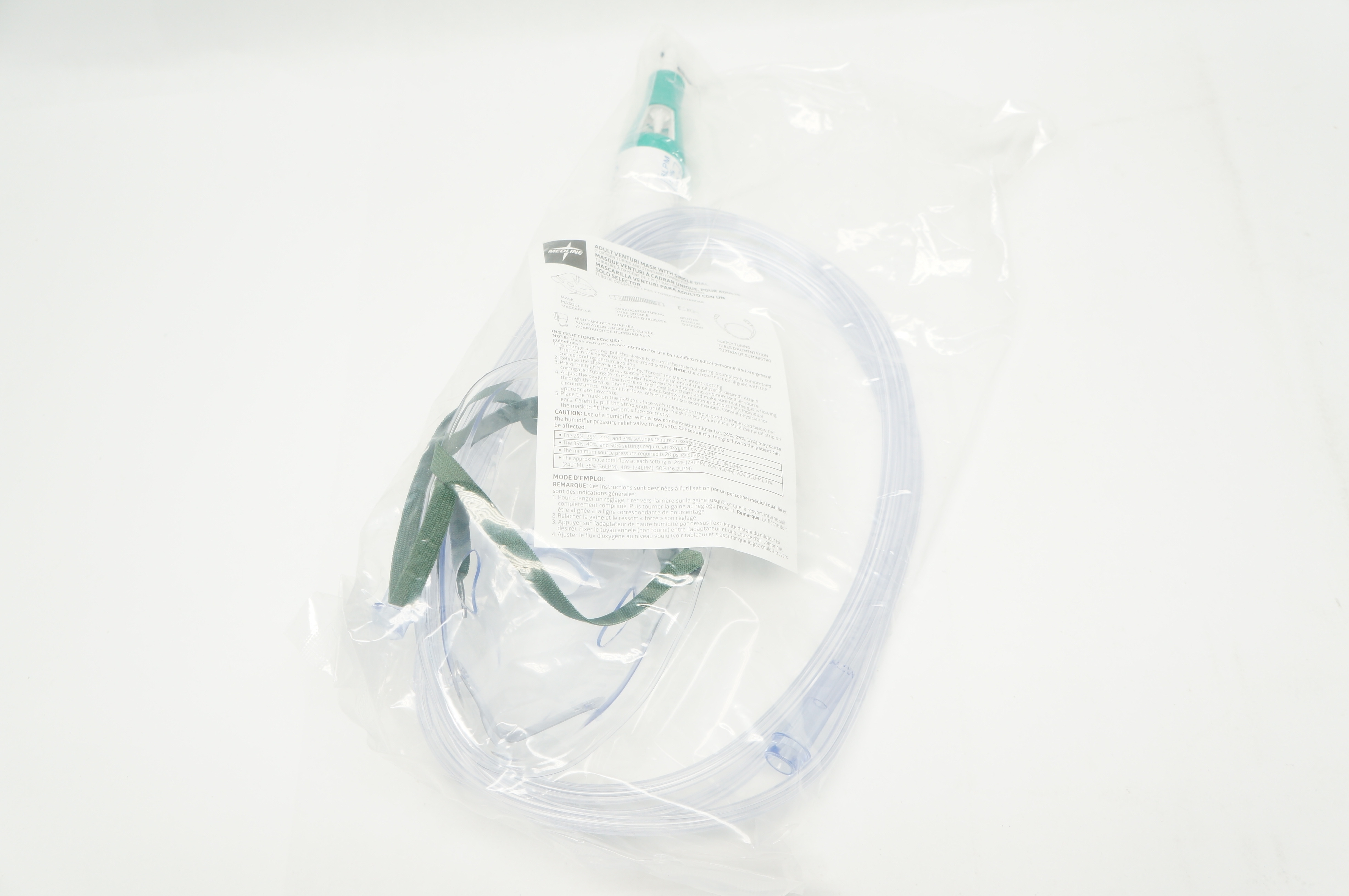 Medline HCS121E Adult Venturi Mask with Single Dial Oxygen Tubing 7ft