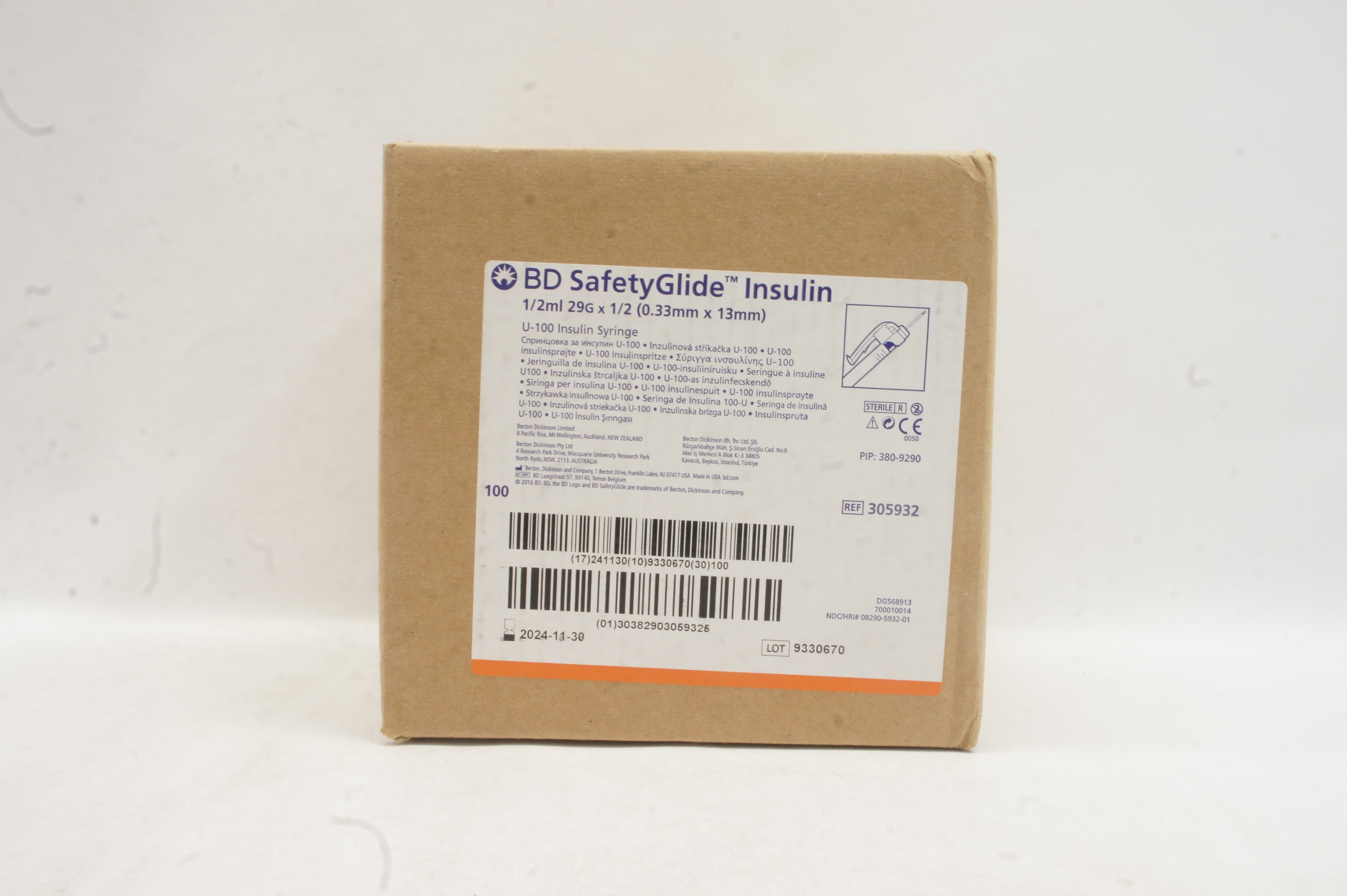 BD 305932 Safety Glide Insulin 1/2ml 29G x 1/2inch - Case of 100
