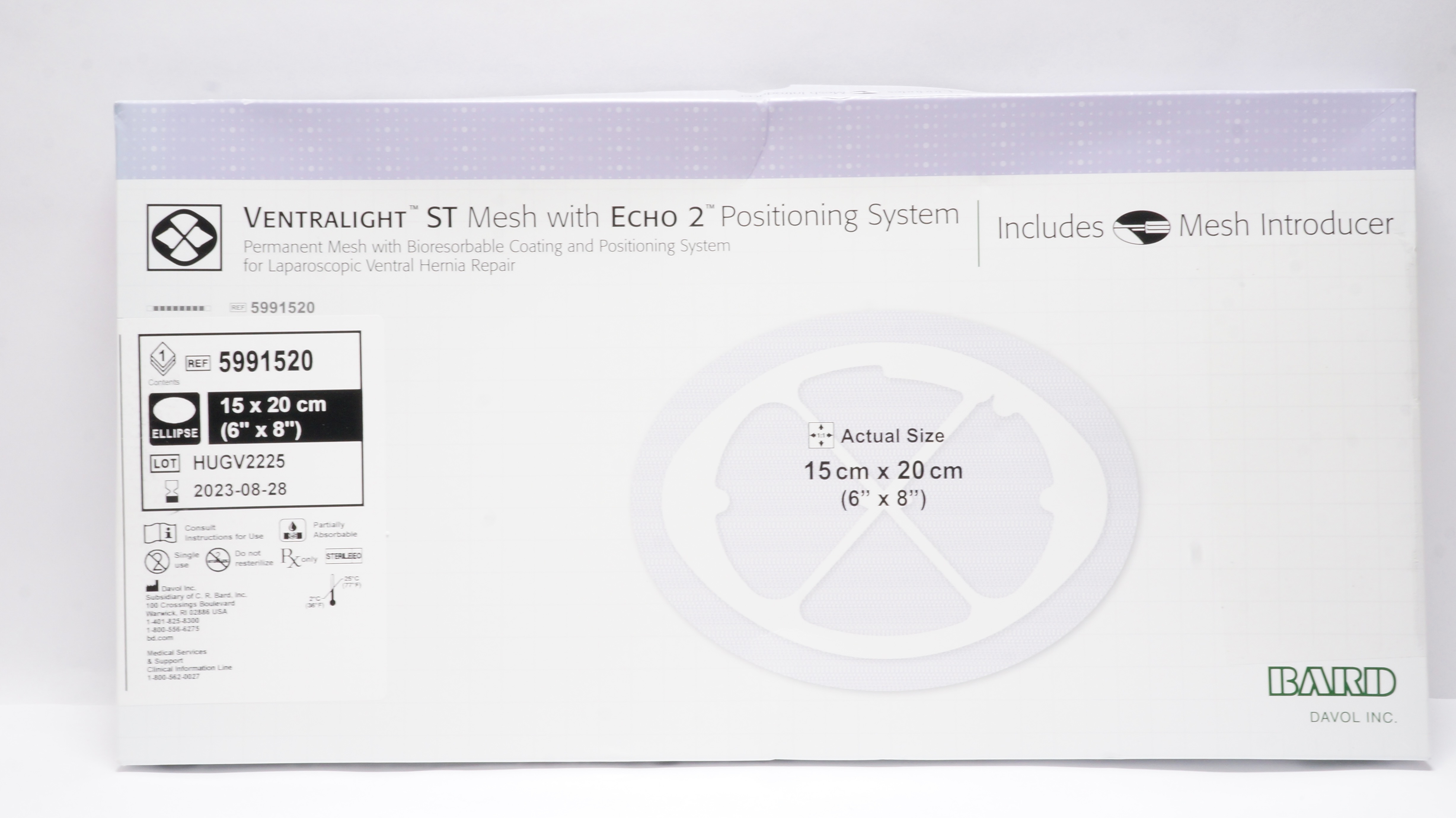 Bard 5991520 Ventralight ST Mesh w/Echo2 Positioning System Ellipse 6 x 8inch(x)