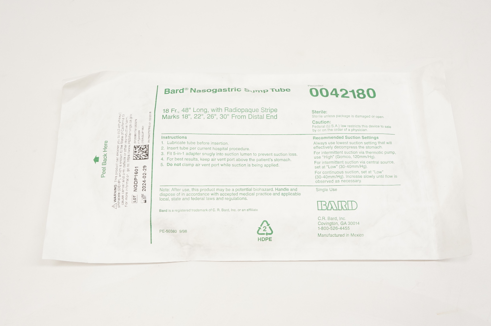 Bard 0042180 Nasogastric Sump Tube 18Fr., 48inch Long
