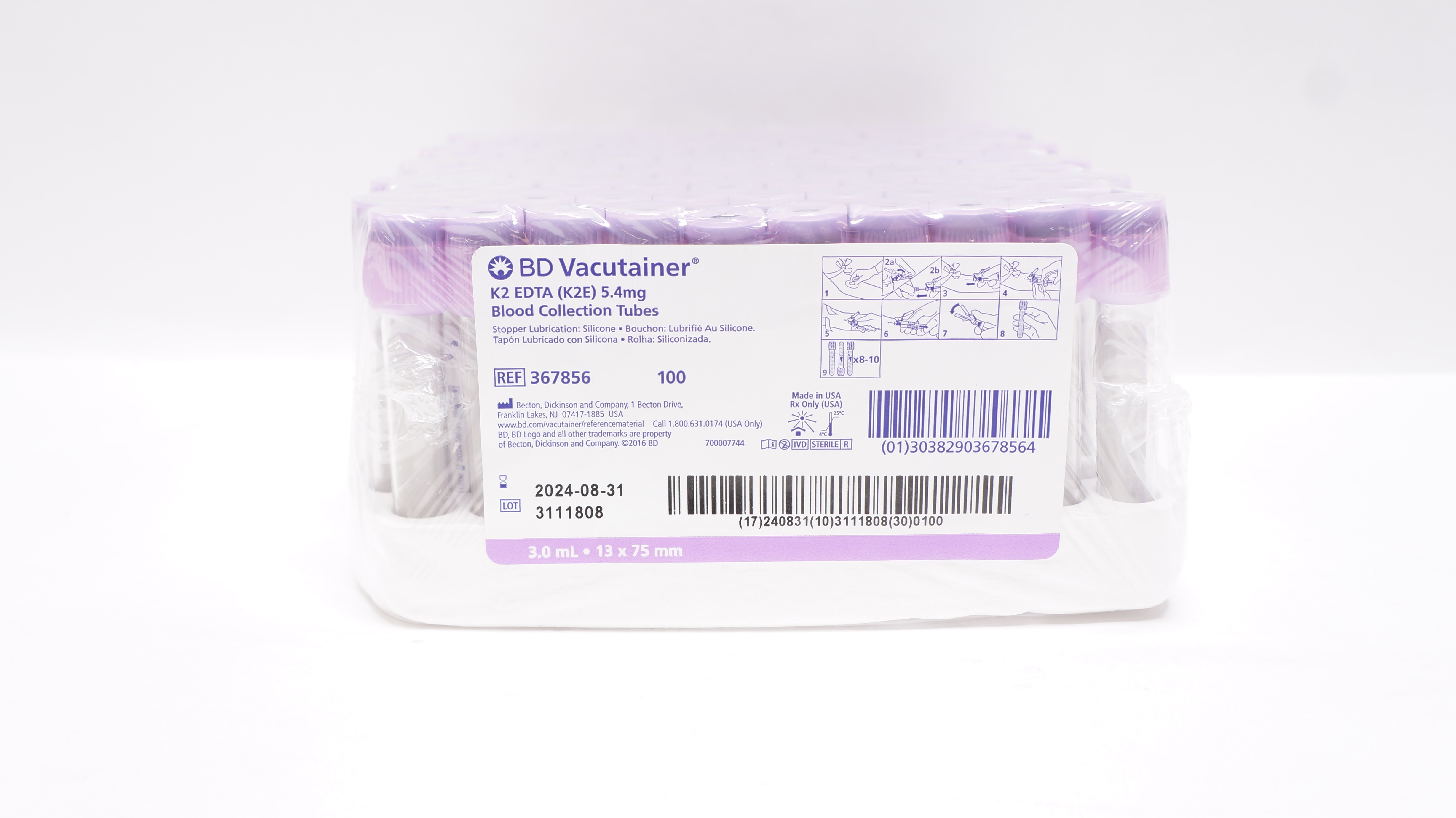 BD 367856 Vacutainer K2 EDTA Blood Collection Tubes 3.0mL 13 x 75mm - Box of 100