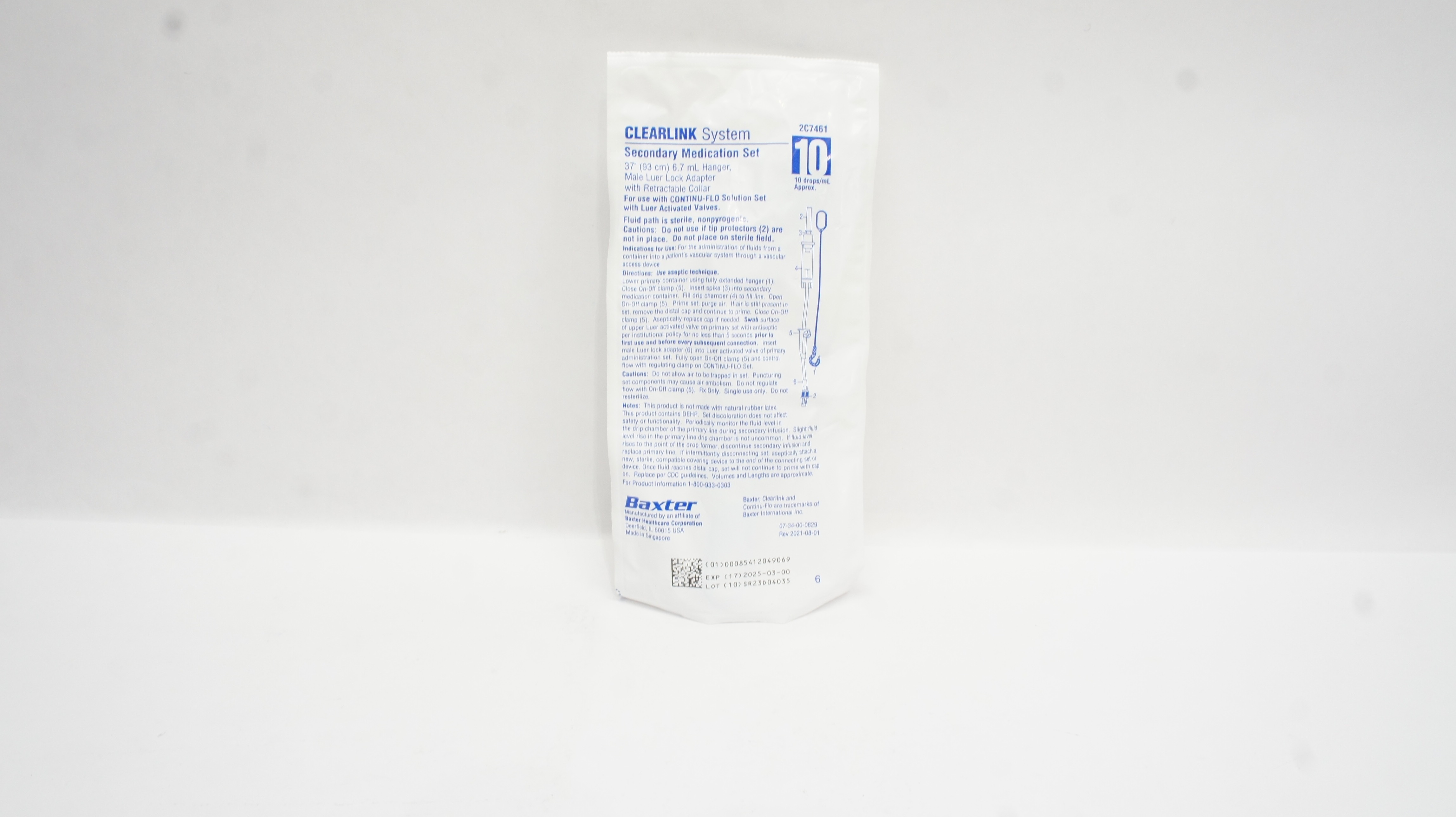Baxter 2C7461 Clearlink Secondary Medication Set 37inch x 6.7mLHanger 10drops/ml