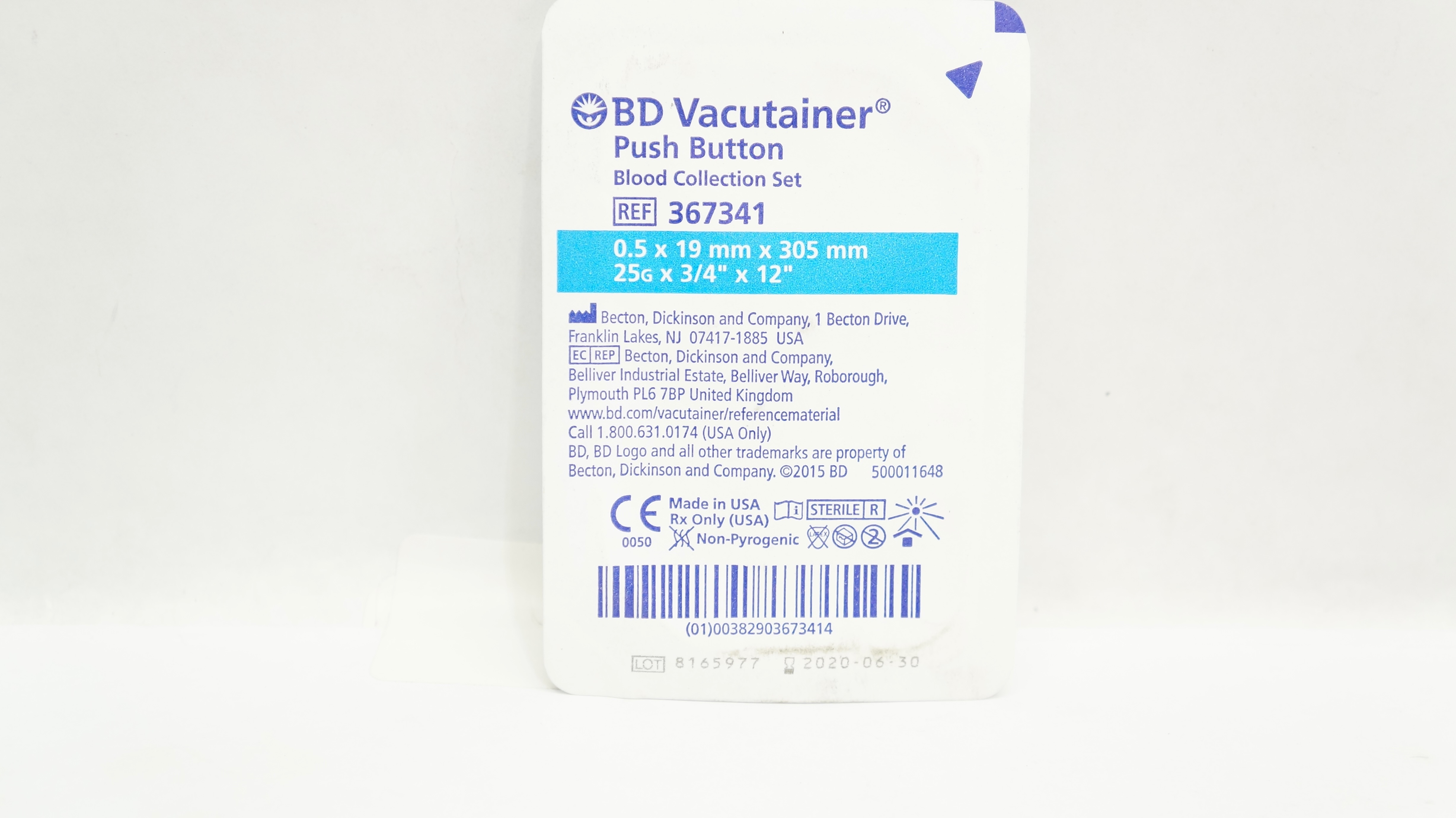 BD 367341 Vacutainer Push Button Blood Collection Set 25G x 3/4inch x 12inch (x)