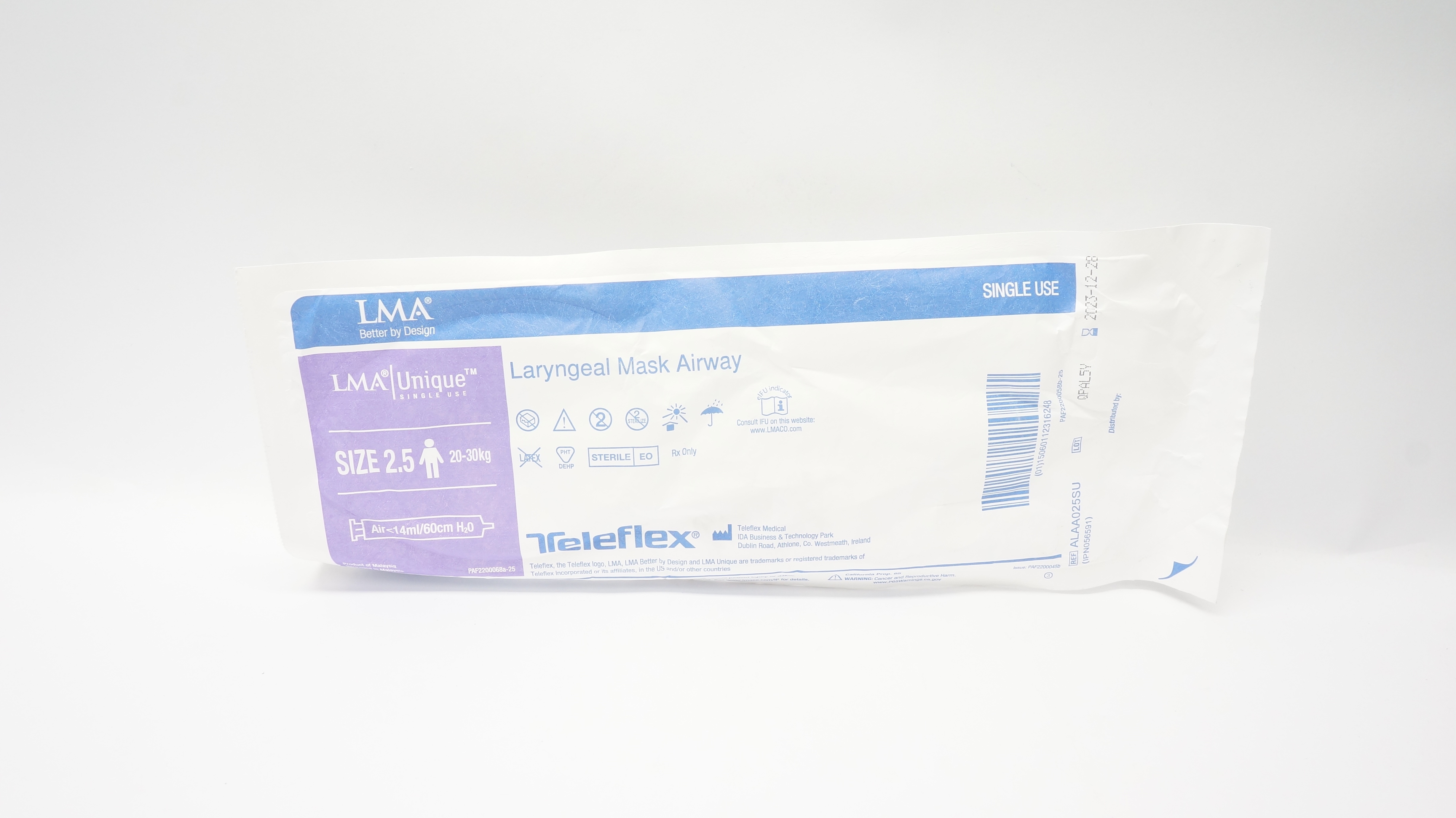 Teleflex ALAA025SU LMA Laryngeal Mask Airway Size 2.5 20-30kg Air <14ml/60cm (x)