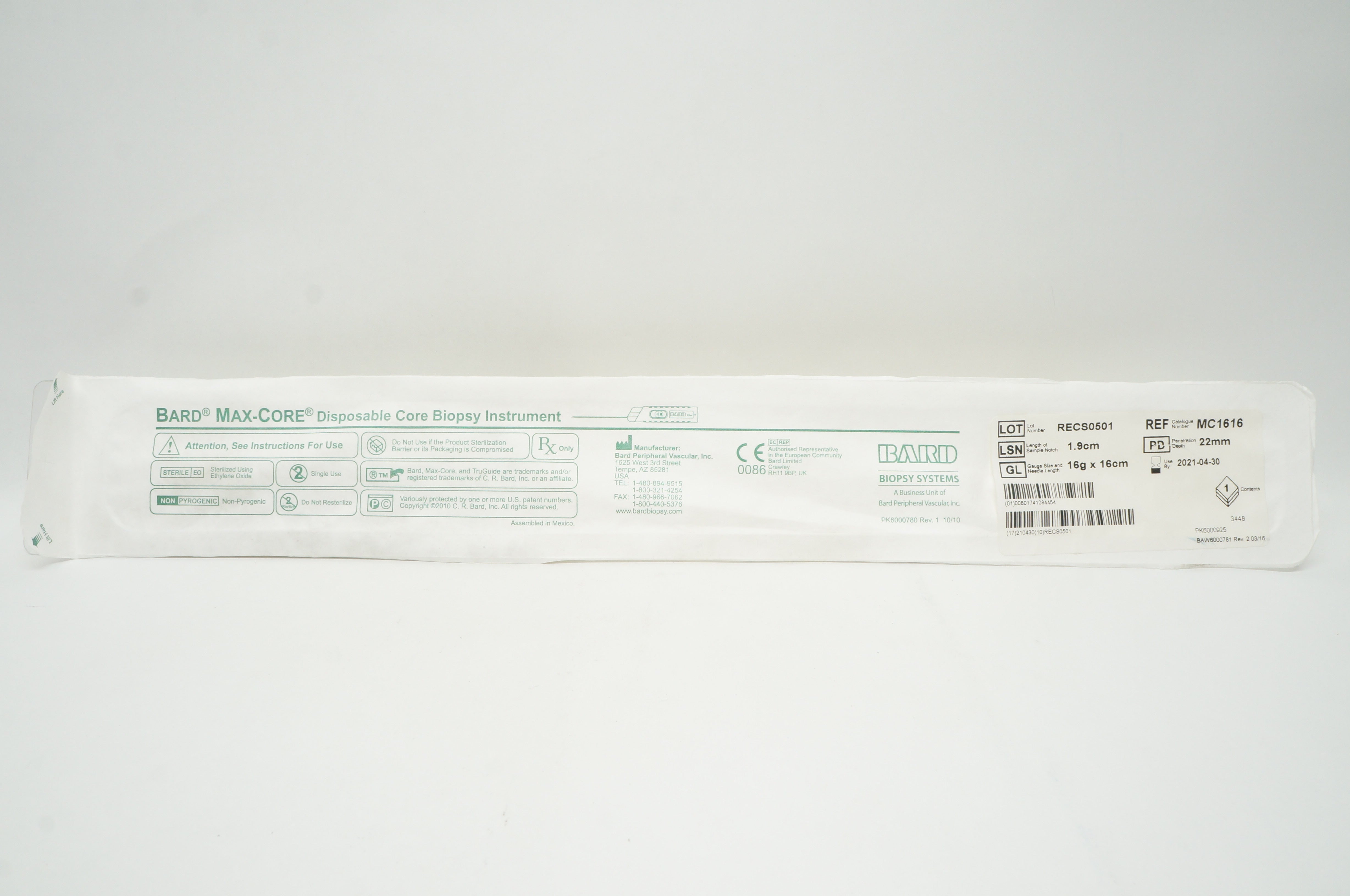 Bard MC1616 Max-Core Disposable Core Biopsy Instrument 16G x 16cm (x)