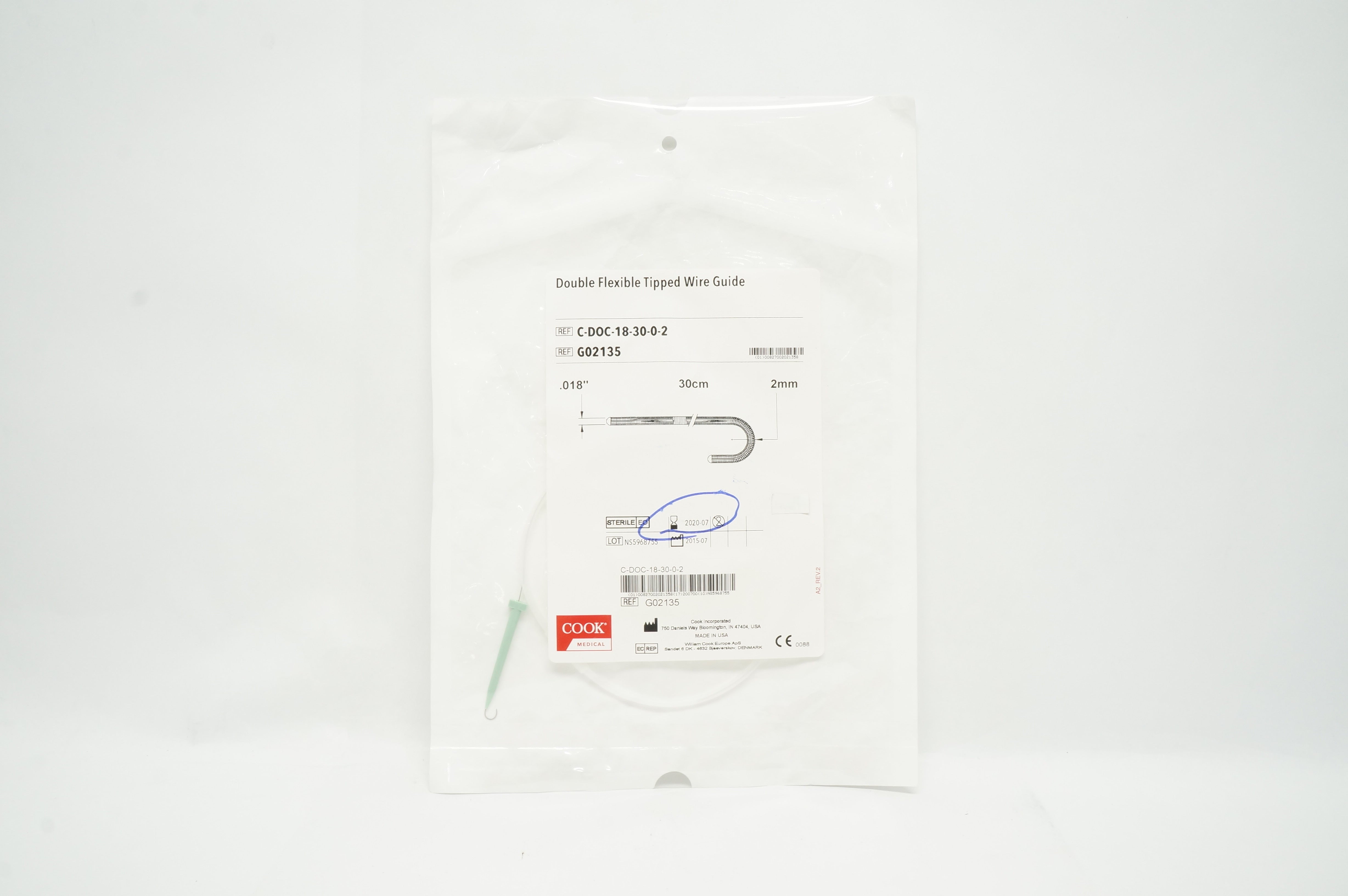 Cook Medical G02135 Double Flexible Tipped Wire Guide .018inch x 30cm x 2mm (x)