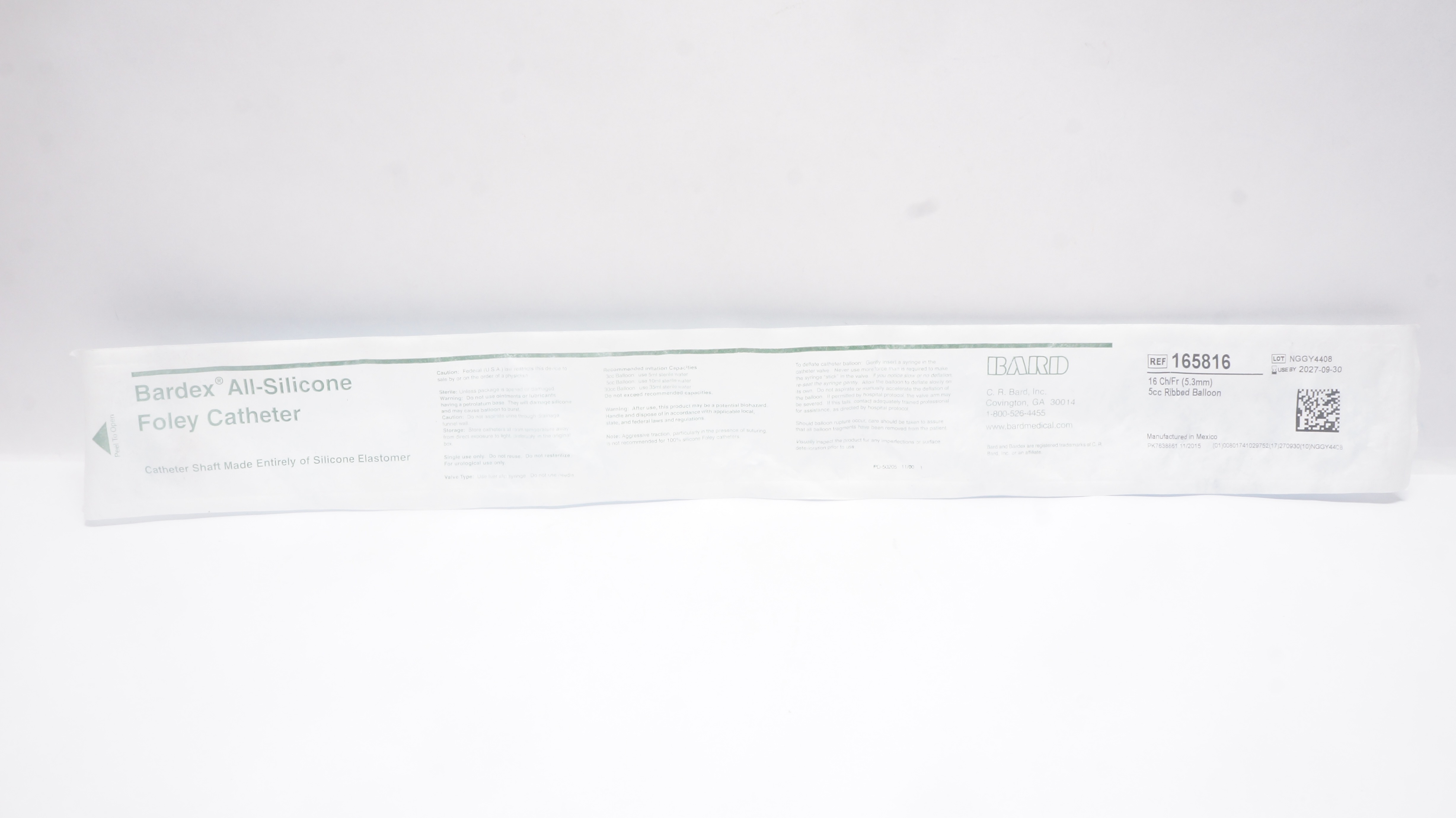 Bard 165816 Bardex All-Silicone Foley Cath. 16Fr. 5cc Ribbed Balloon