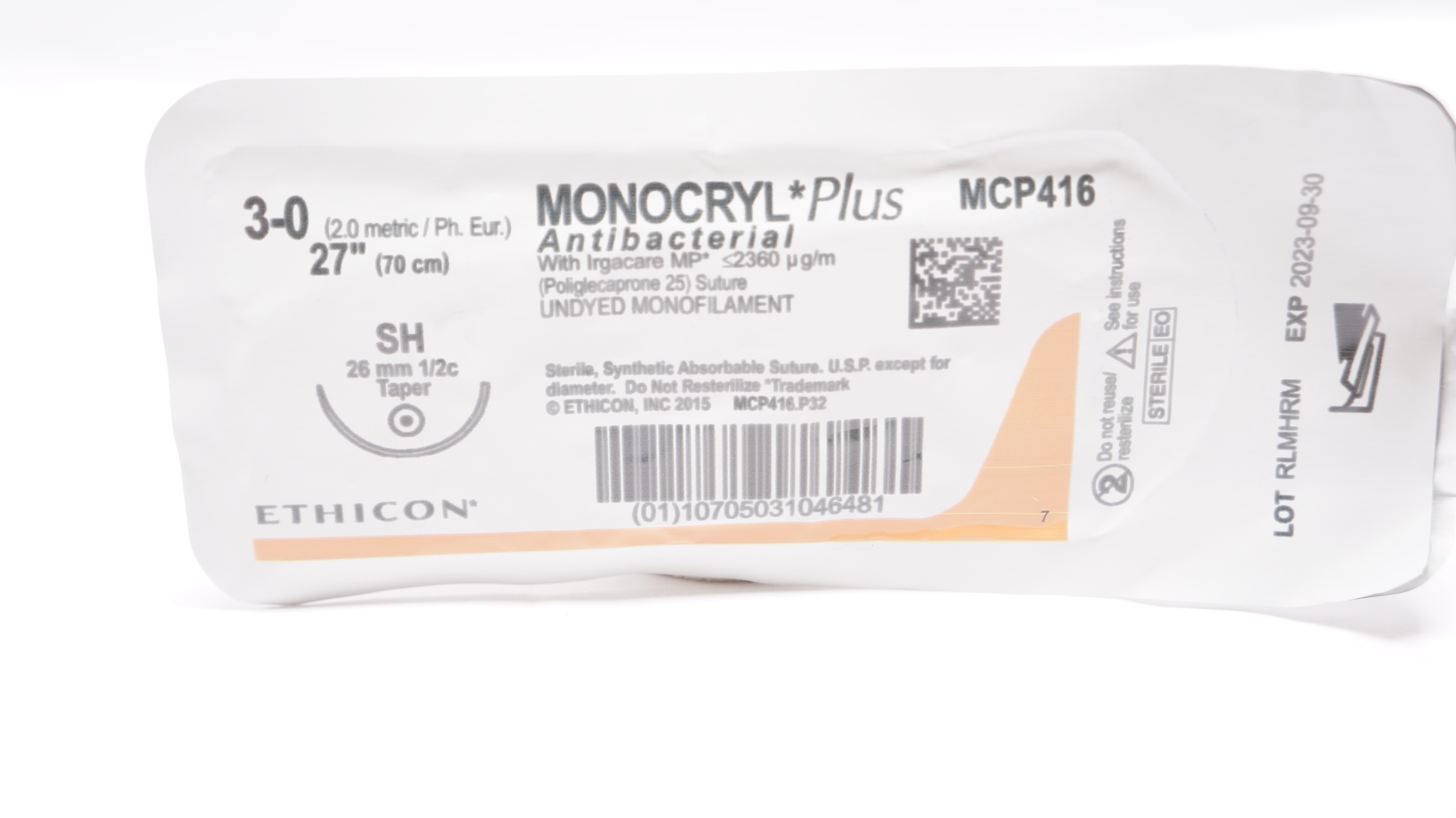 Ethicon MCP416 3-0 MONOCRYL Plus Antibacterial Stre SH 26mm 1/2c Taper, 27inch