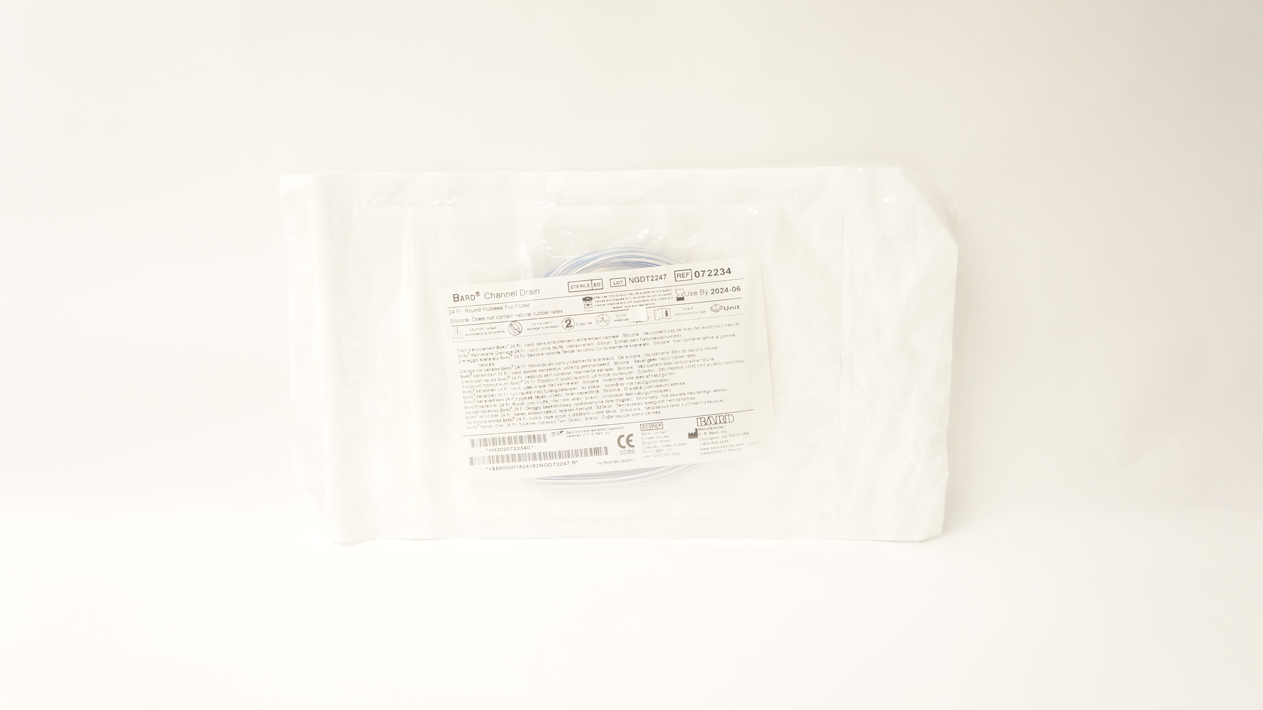 Bard 072234 Channel Drain Round Hubless Full Fluted Silicone 24 Fr.