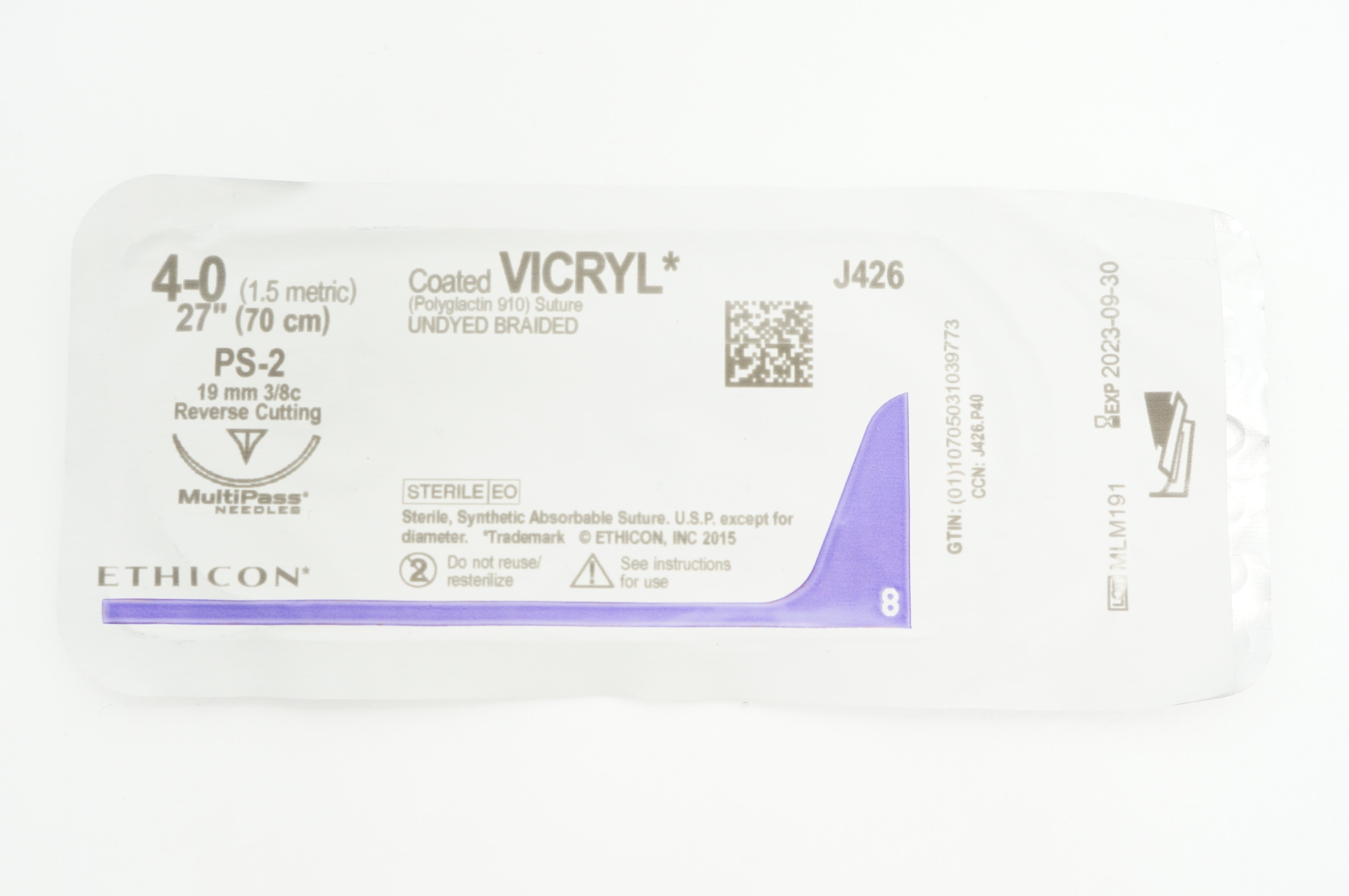 Ethicon J426 4-0 VICRYL PS-2, 19mm 3/8c Reverse Cutting, 27inch
