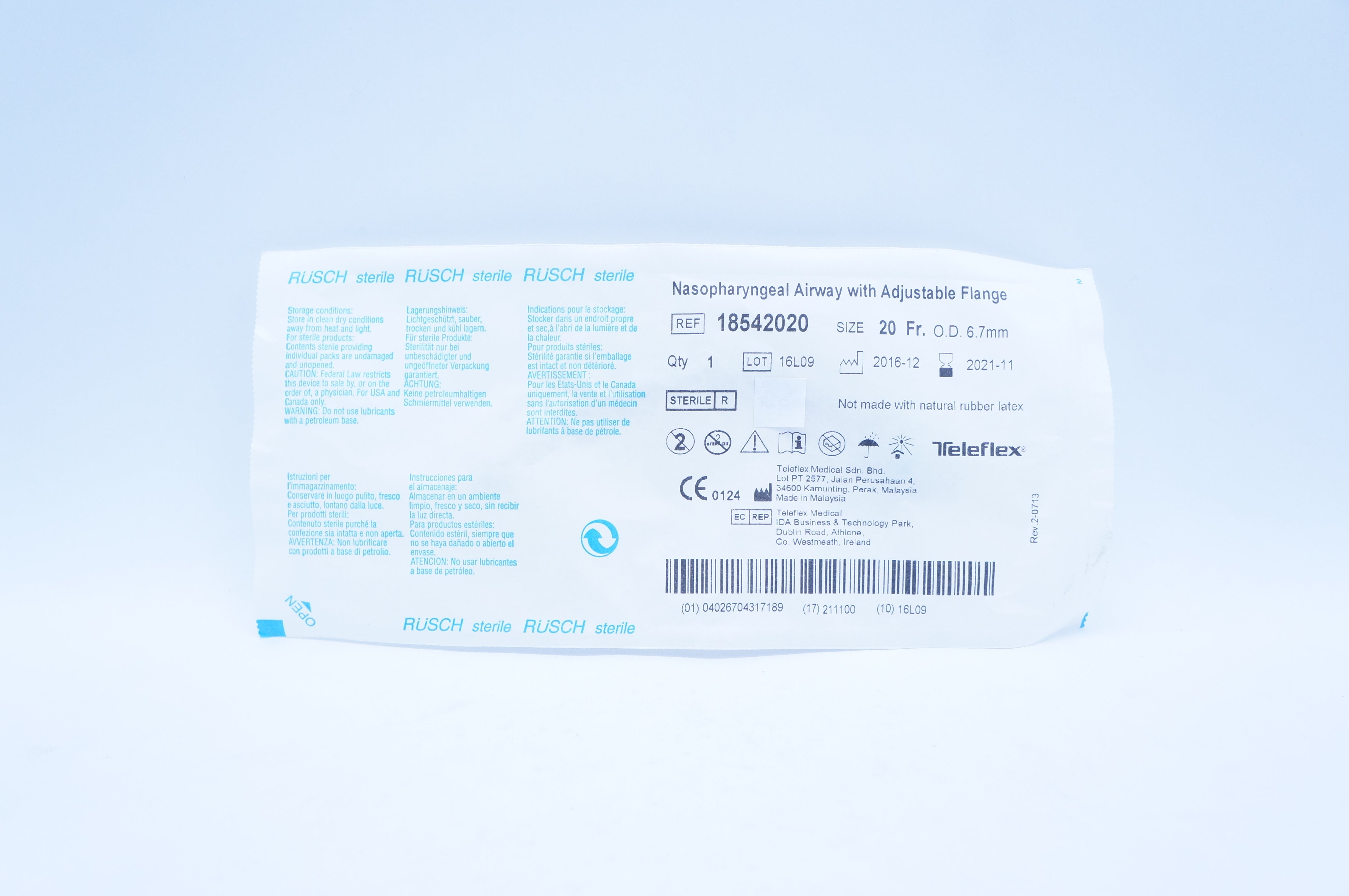 Rusch 18542020 Teleflex Nasopharyngeal Airway, Adjustable Flange 20Fr x 6.7mm