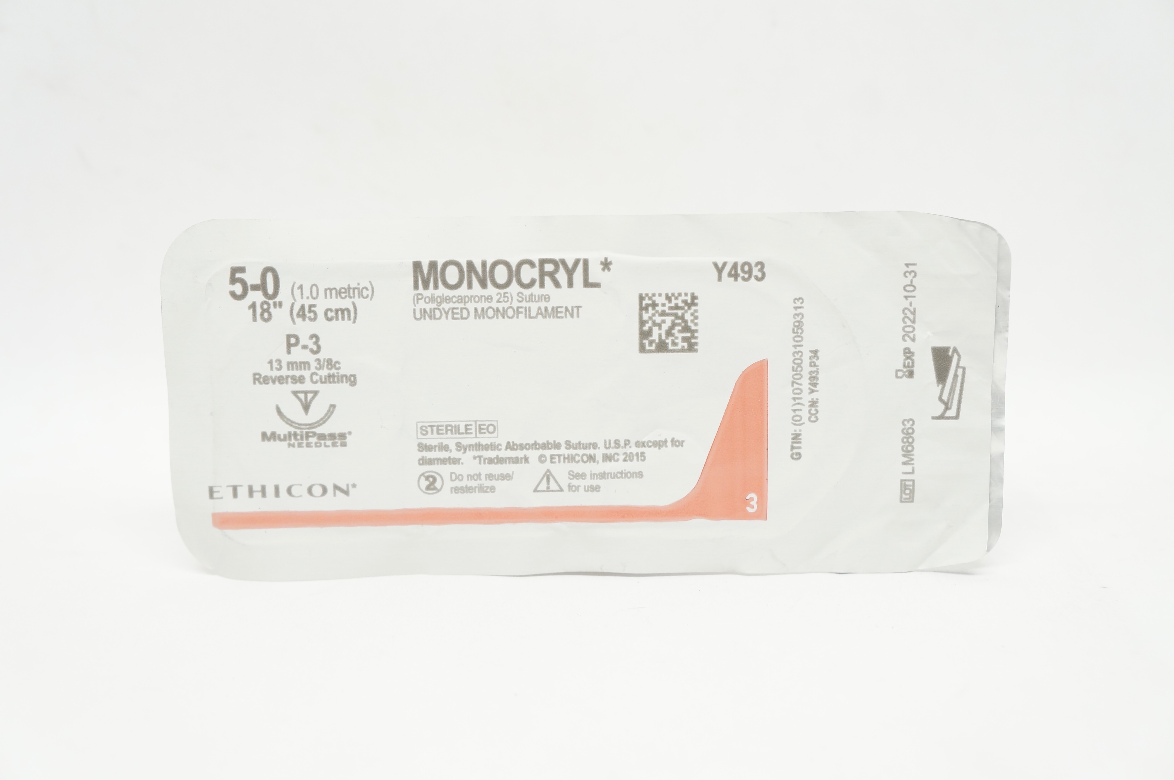 Ethicon Y493 5-0 MONOCRYL Stre  P-3, 13mm 3/8c Reverse Cutting, 18inch