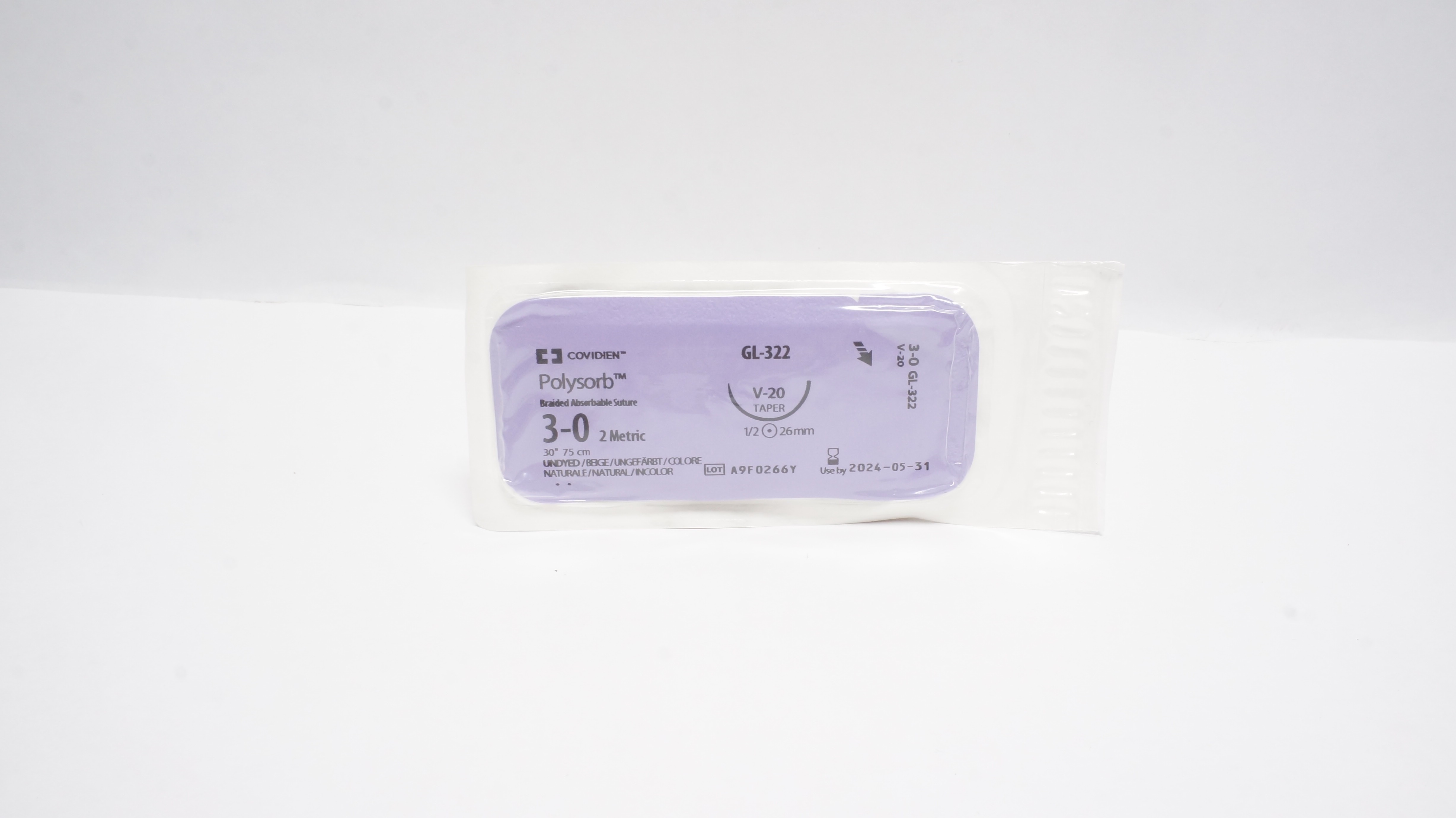 Covidien GL-322 3-0 Polysorb Braided Stre. 30inch, V-20 26mm T1/2 Taper (x)