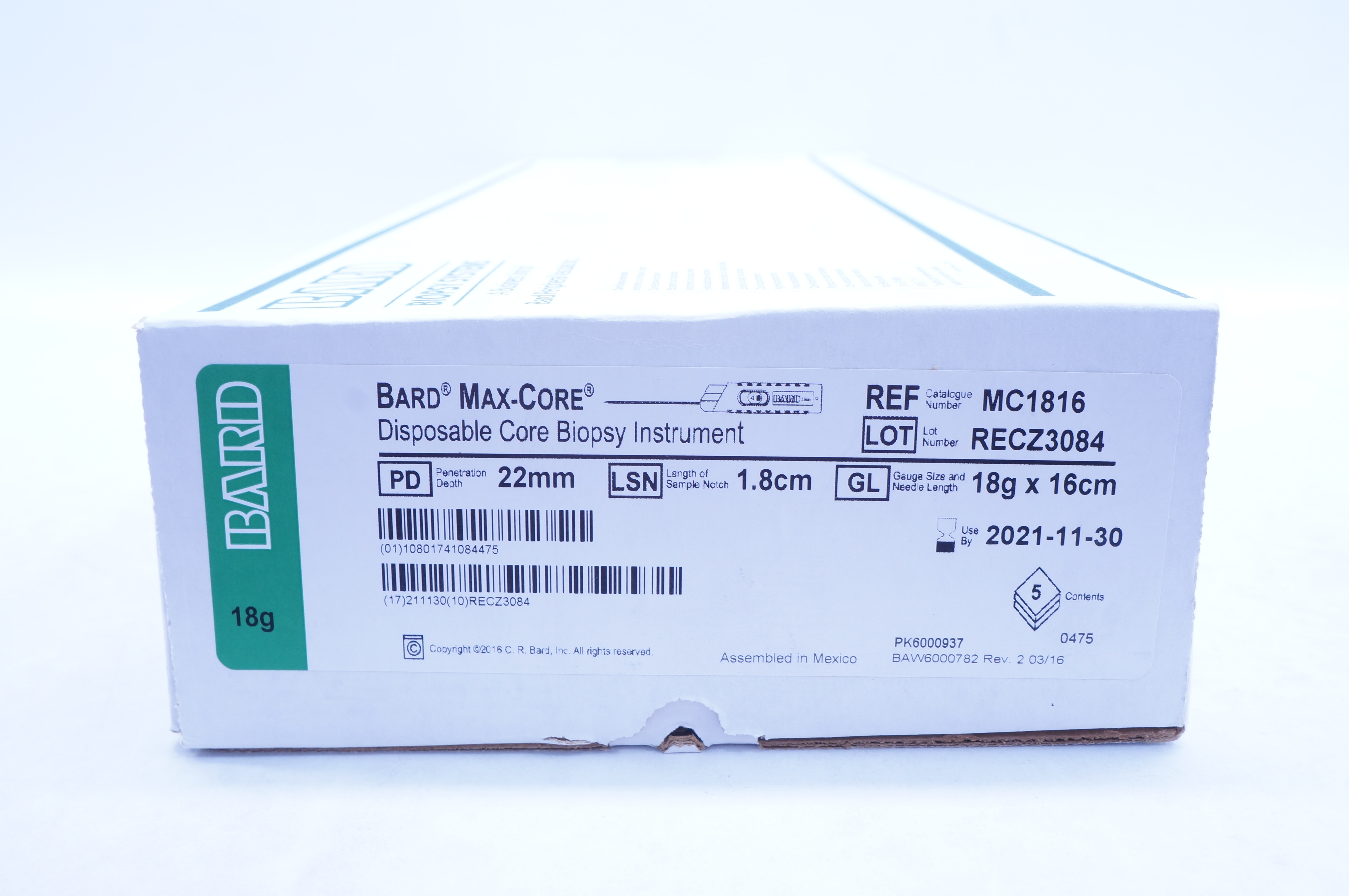 Bard MC1816 Max-Core Disposable Core Biopsy Instrument 18G x 16cm - Box of 5