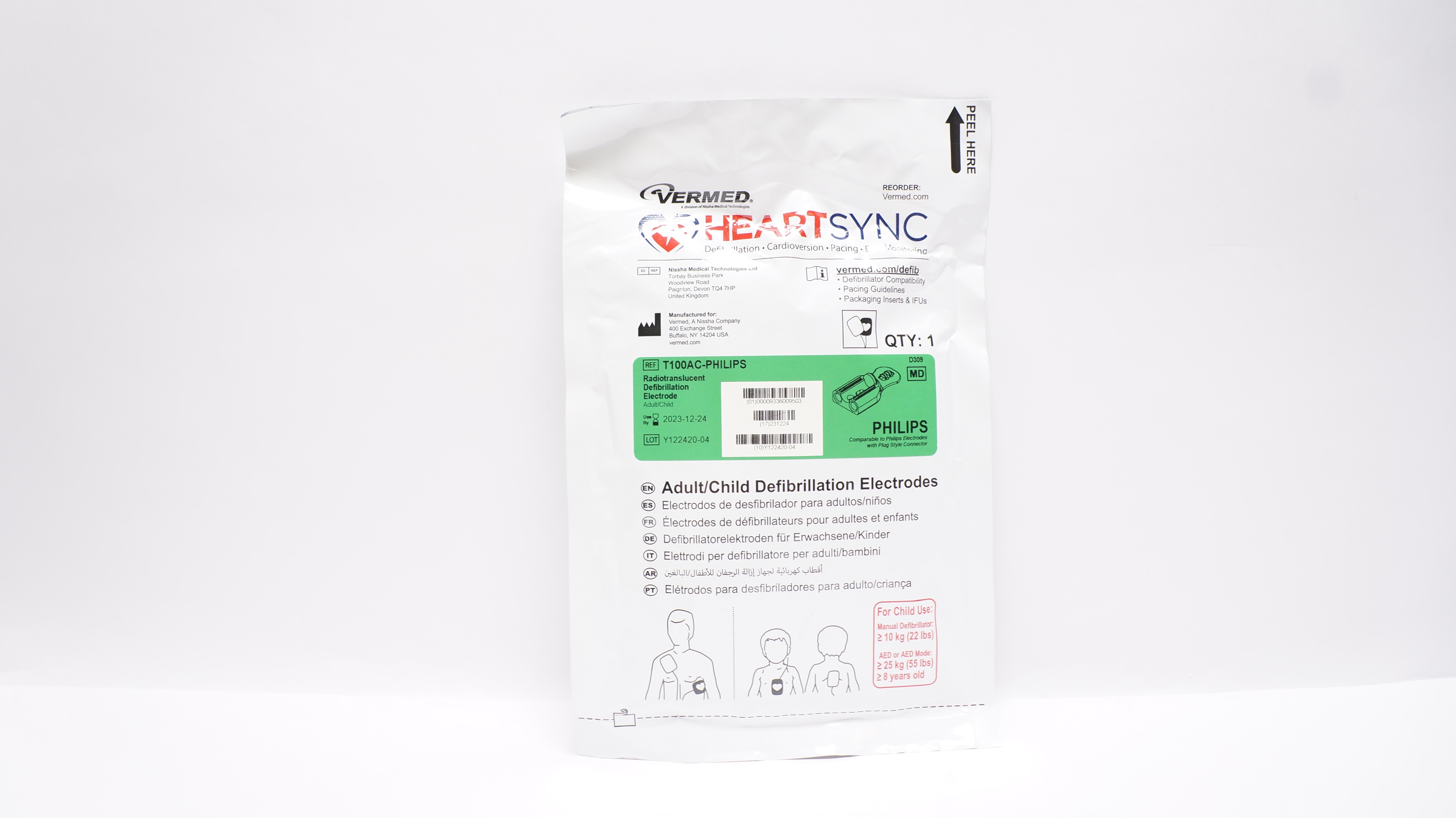 Vermed T100AC-PHILIPS HeartSync Adult/Child Defibrillation Electrode 22 lbs.