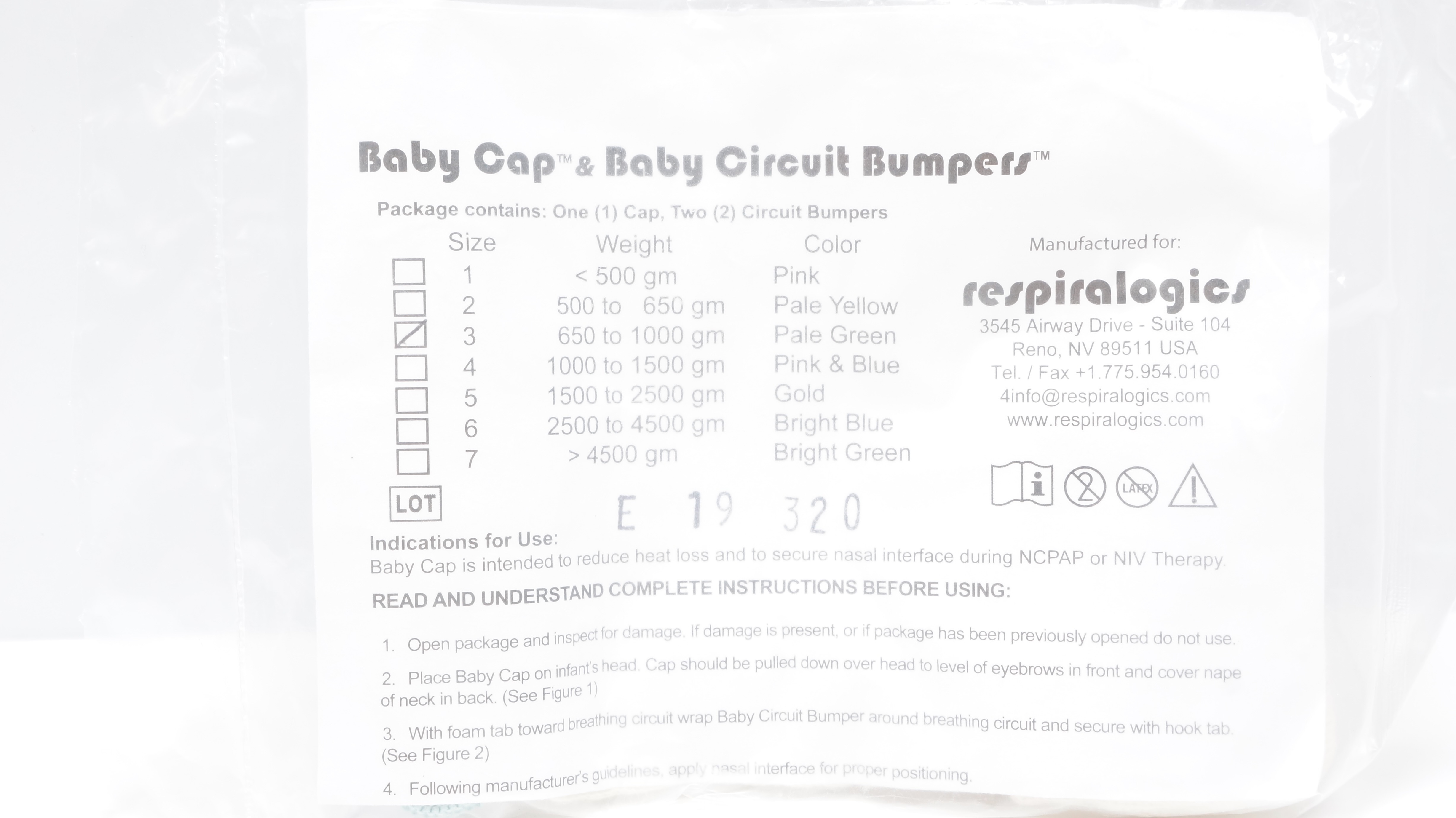 Respiralogics Baby Cap & Baby Circuit Bumpess, Size 3 650-1000gm, Pale Green