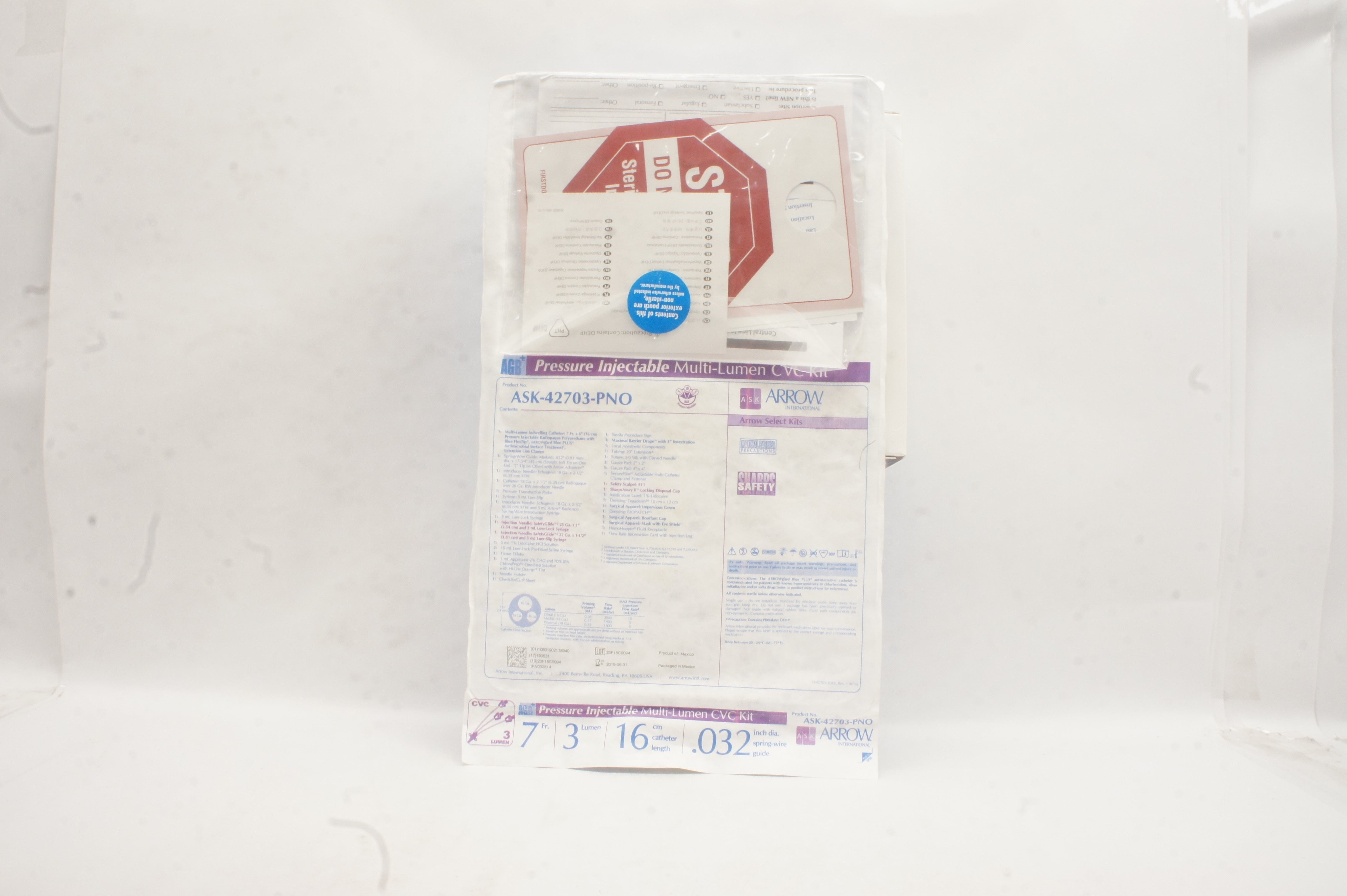 Arrow ASK-42703-PNO Pressure Injectable Multi-Lumen CVC Kit 7Fr 16cm .032inch(x)