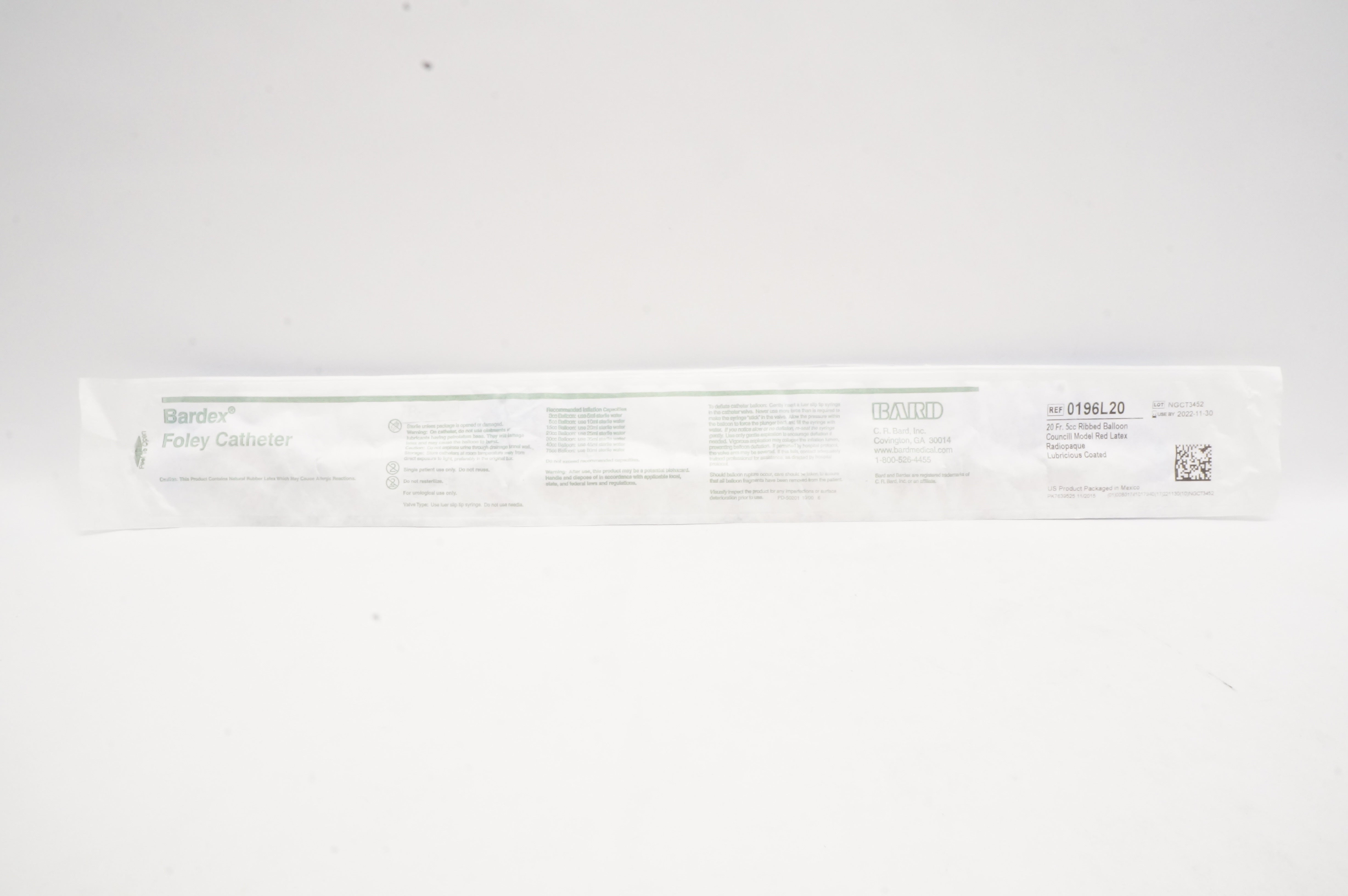 Bard 0196L20 Bardex Foley Cath. Ribbed Balloon, Councill Model 20Fr x 5cc (x)