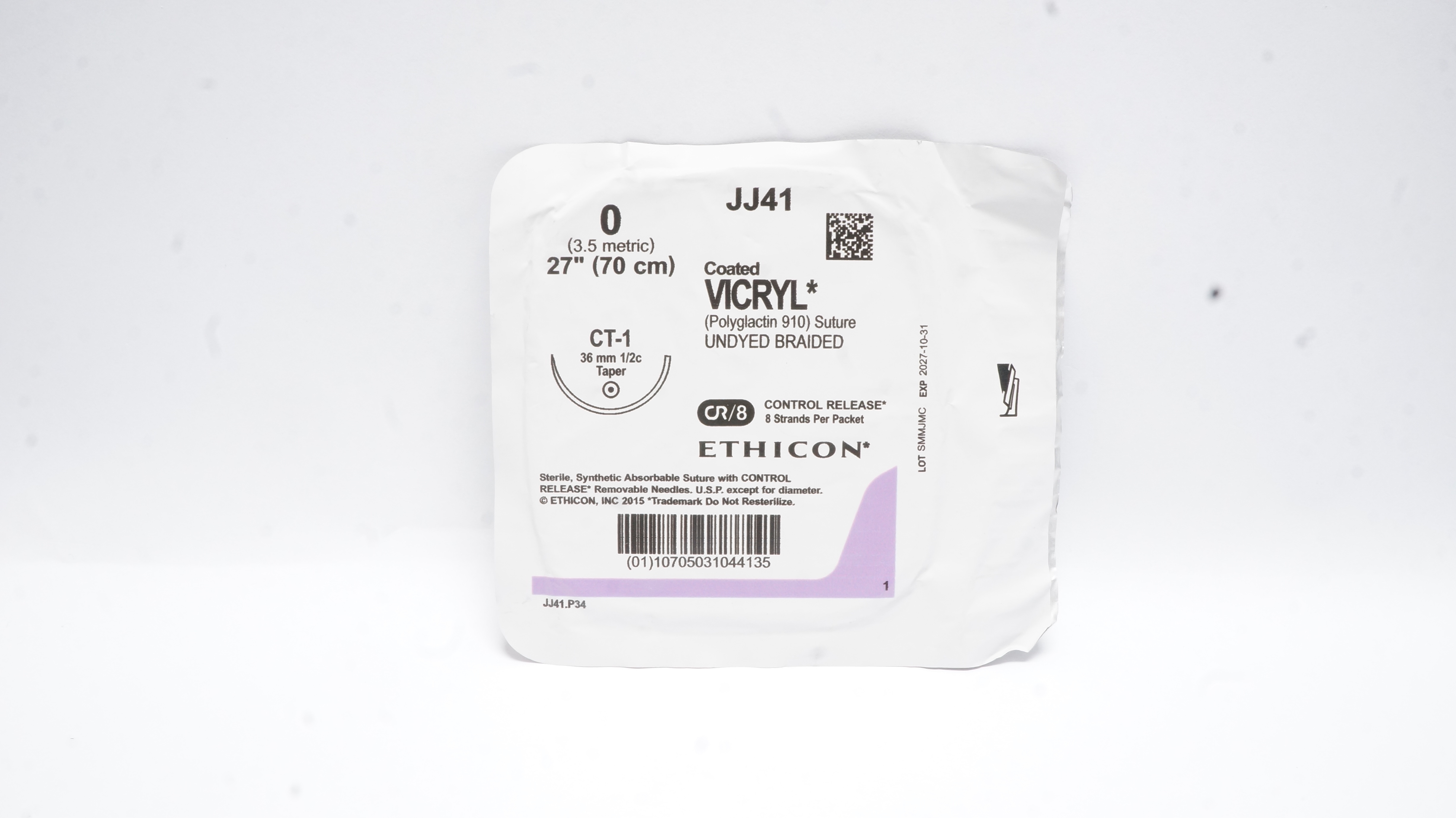 Ethicon JJ41 0 Coated VICRYL Polyglactin 910 Stre CT-1 36mm 1/2c Taper 27inch