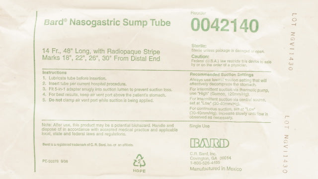Bard 0042140 Nasogastric Sump Tube 14Fr x 48inch with Radiopaque Stripe Marks