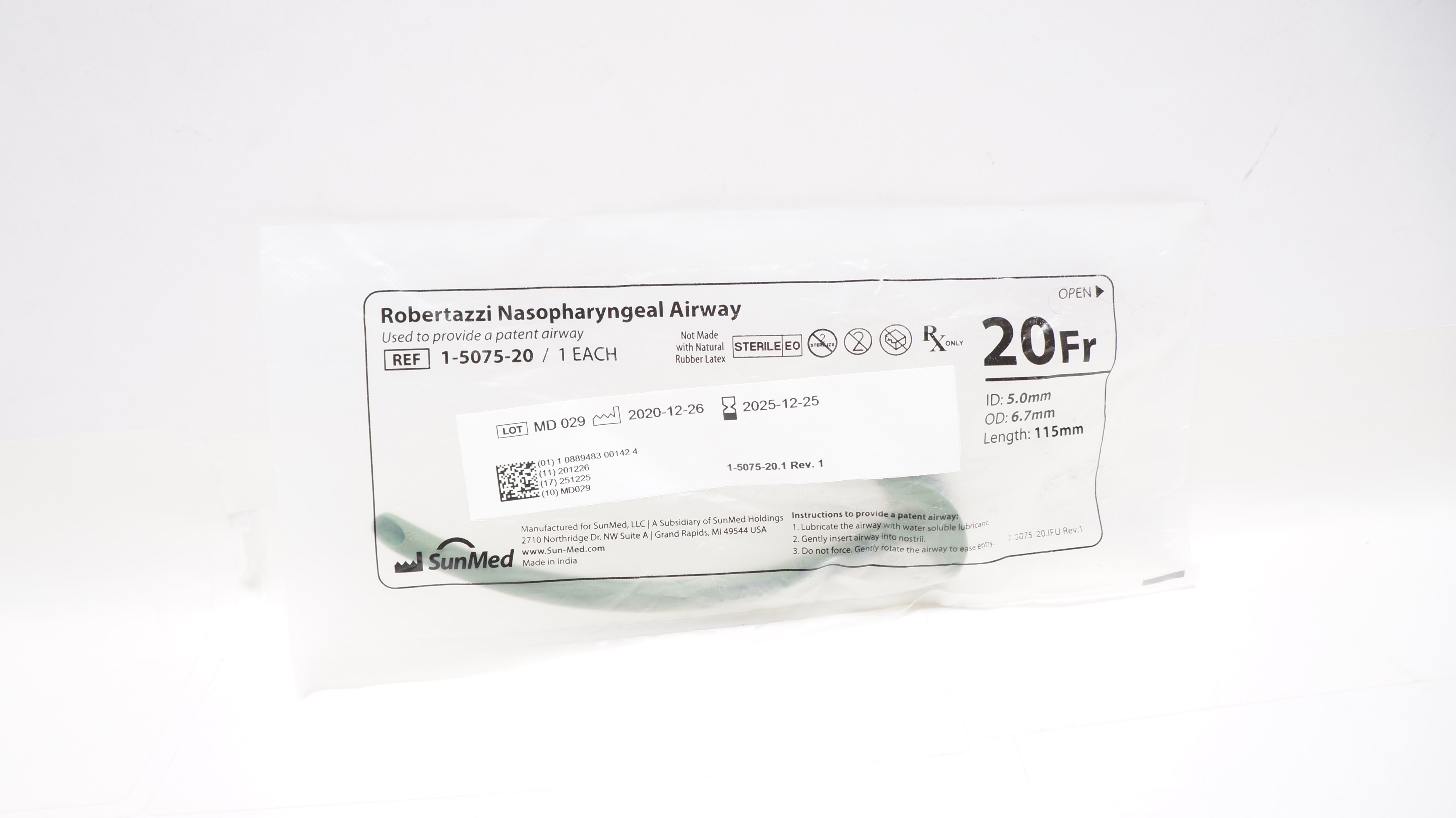 SunMed 1-5075-20 Robertazzi Nasopharyngeal Airway 20Fr x 115 mm