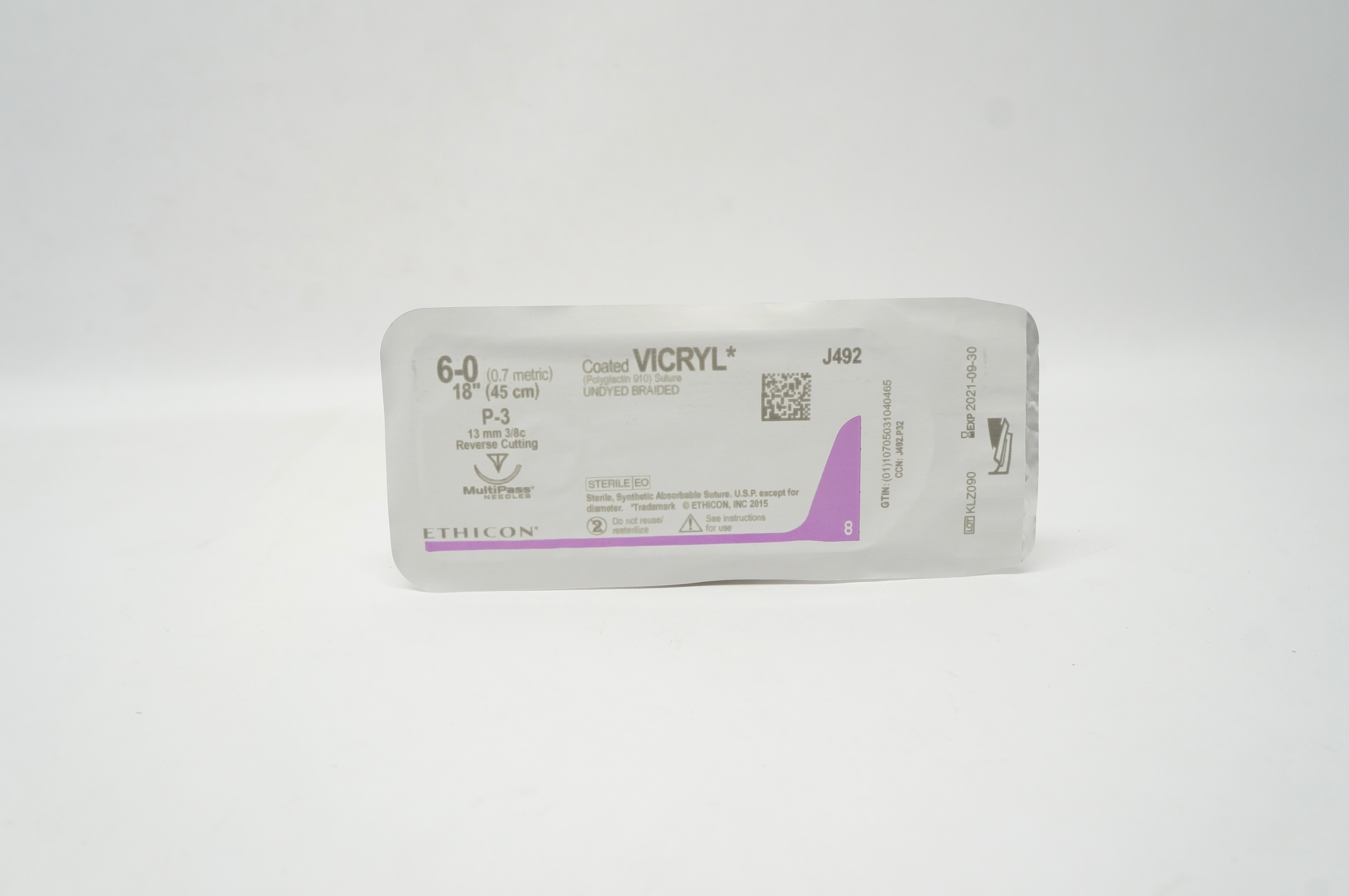 Ethicon J492 6-0 Coated Vicryl Stre P-3, 13mm 3/8c Reverse Cutting, 18inch (x)