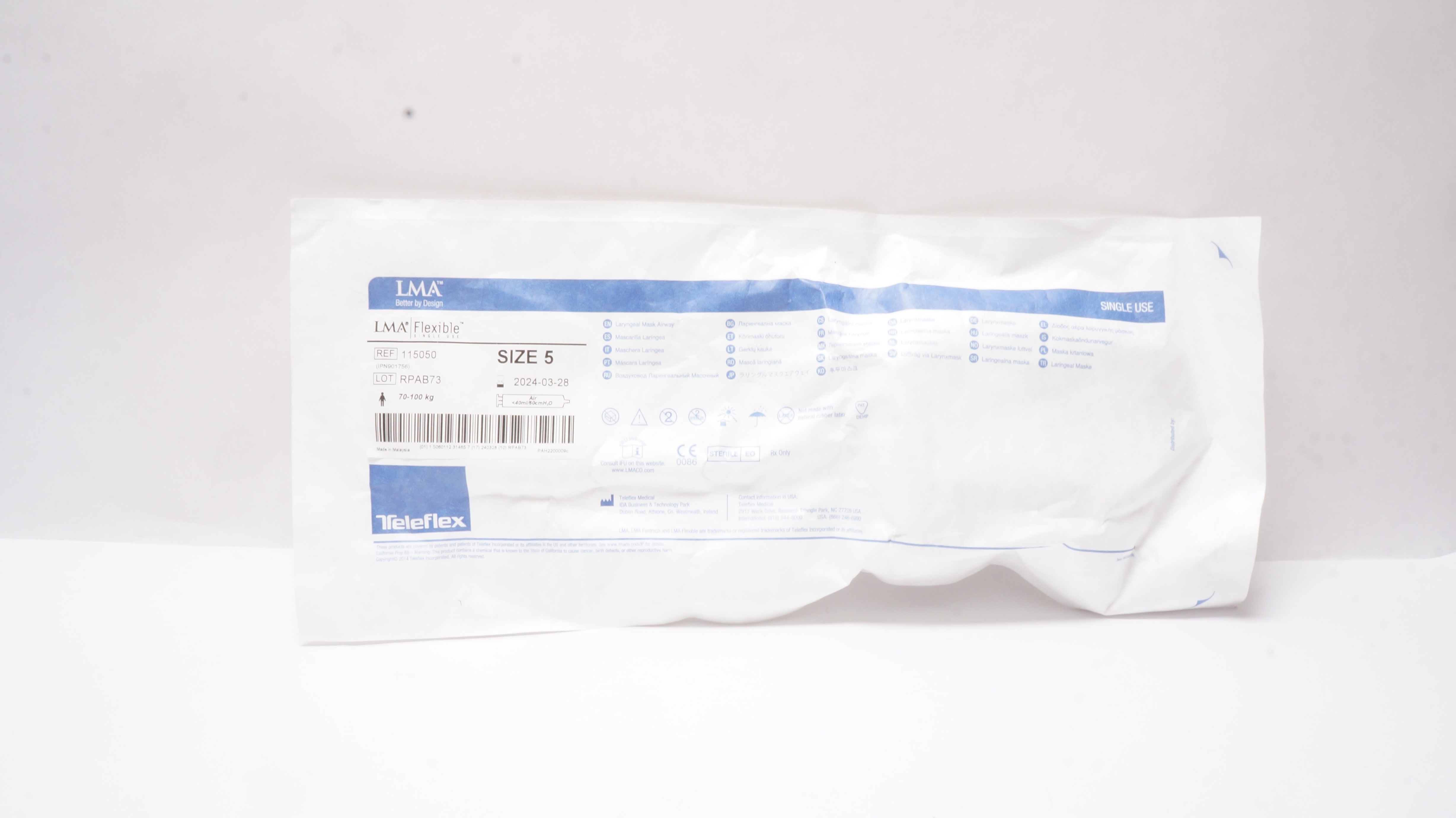 Teleflex 115050 Flexible Laryngeal Mask Airway Size 5 70-100kg Air<40ml/60cm H2O