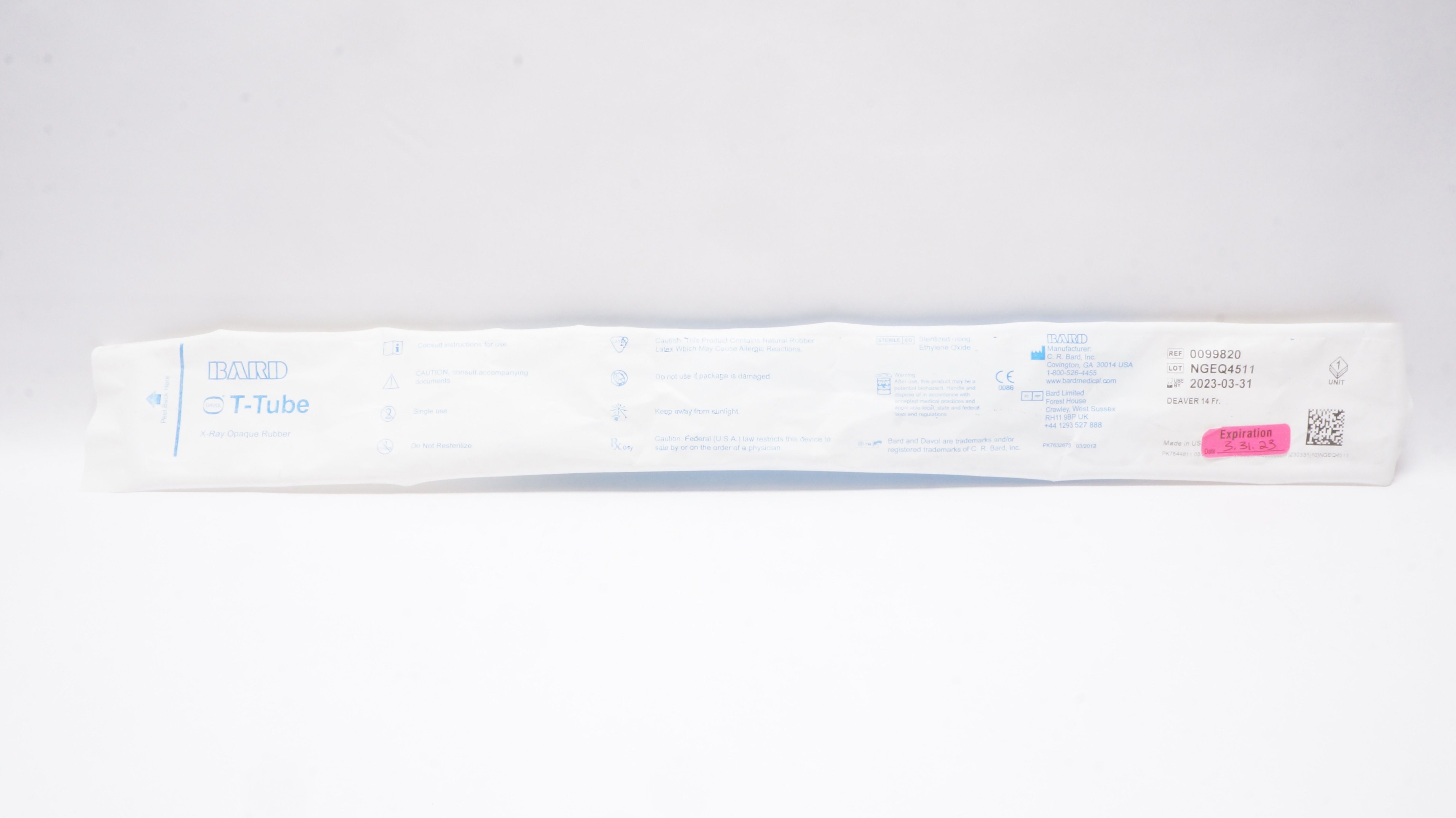 Bard 0099820 Davol T-Tube Deaver X-Ray Opaque Rubber 14Fr. (x)