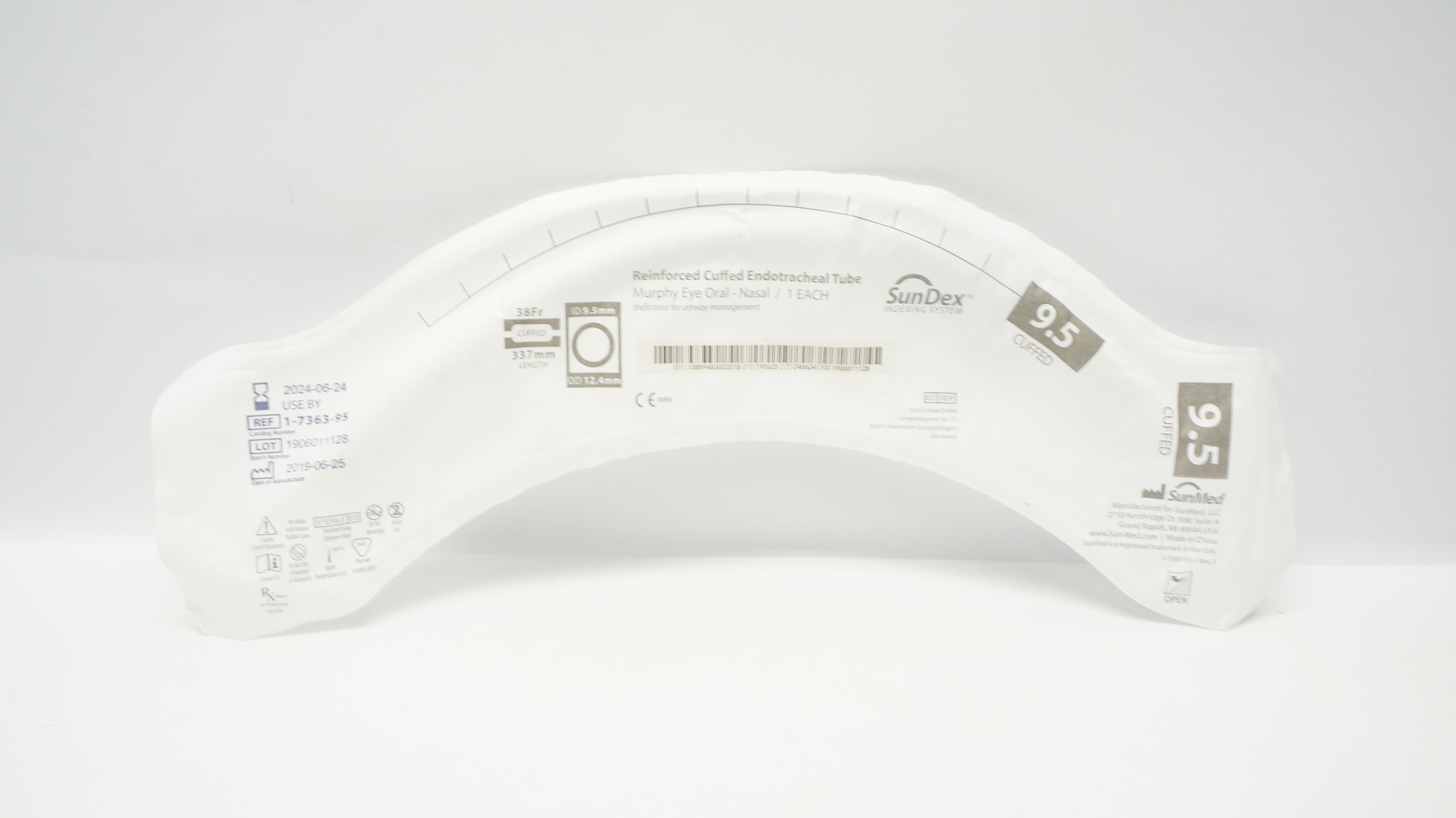 SunMed 1-7363-95 SunDex Endotracheal Tube, Cuffed 38Fr x 9.5 ID x 12.4mm OD (x)